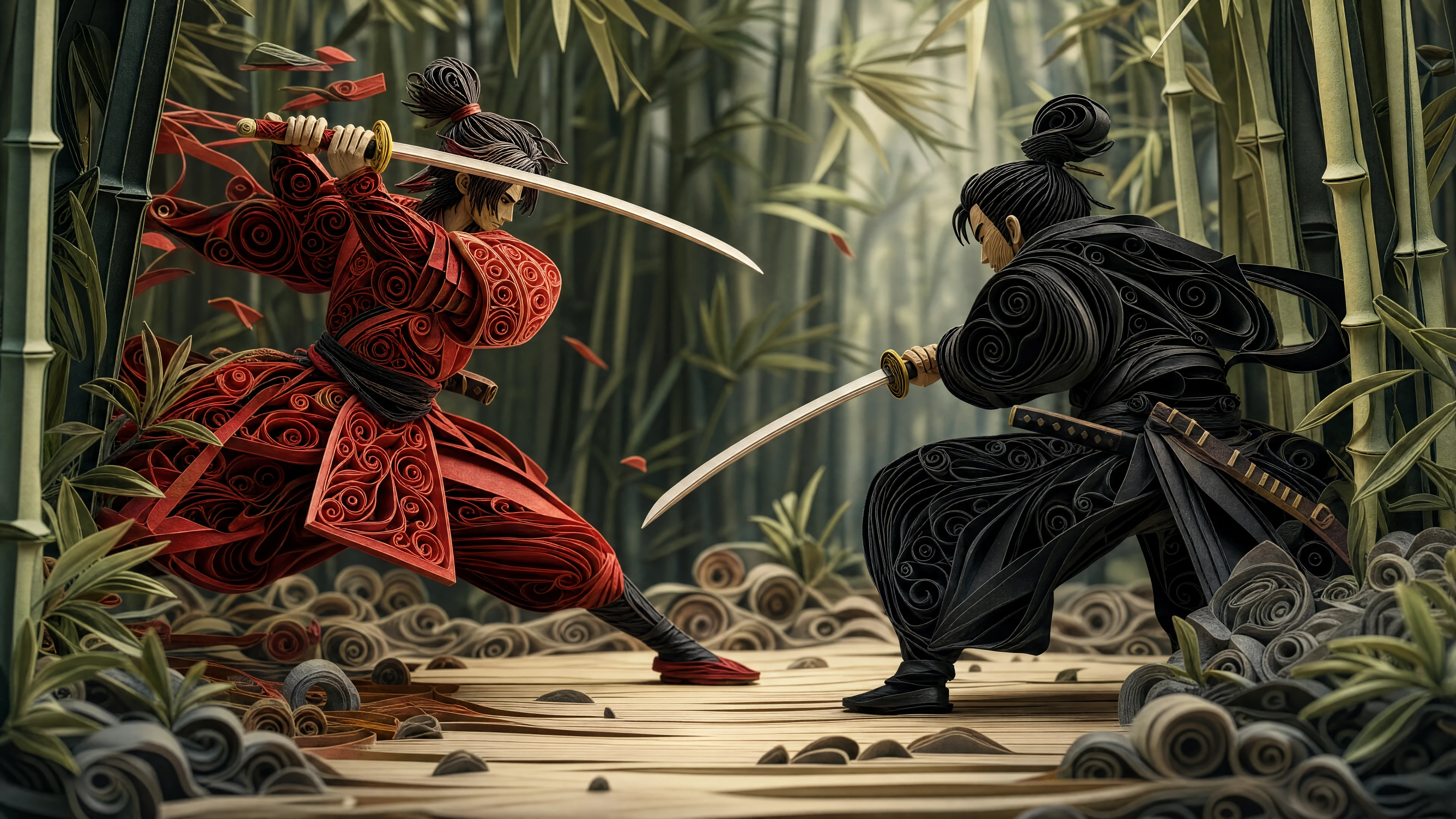 Two samurai dueling in a bamboo forest paper quilling style