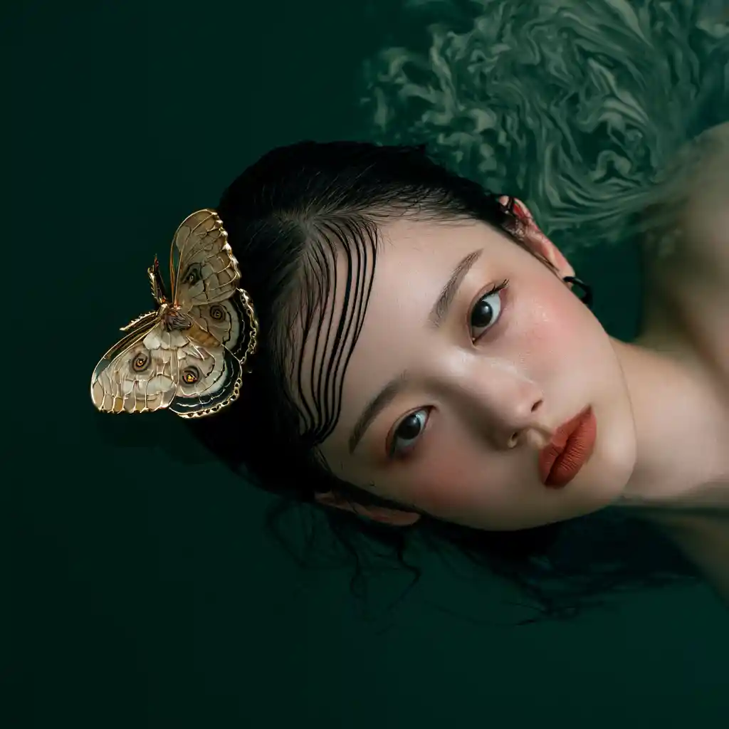 Retrato cenital de una mujer emergiendo de un agua verde oscura
