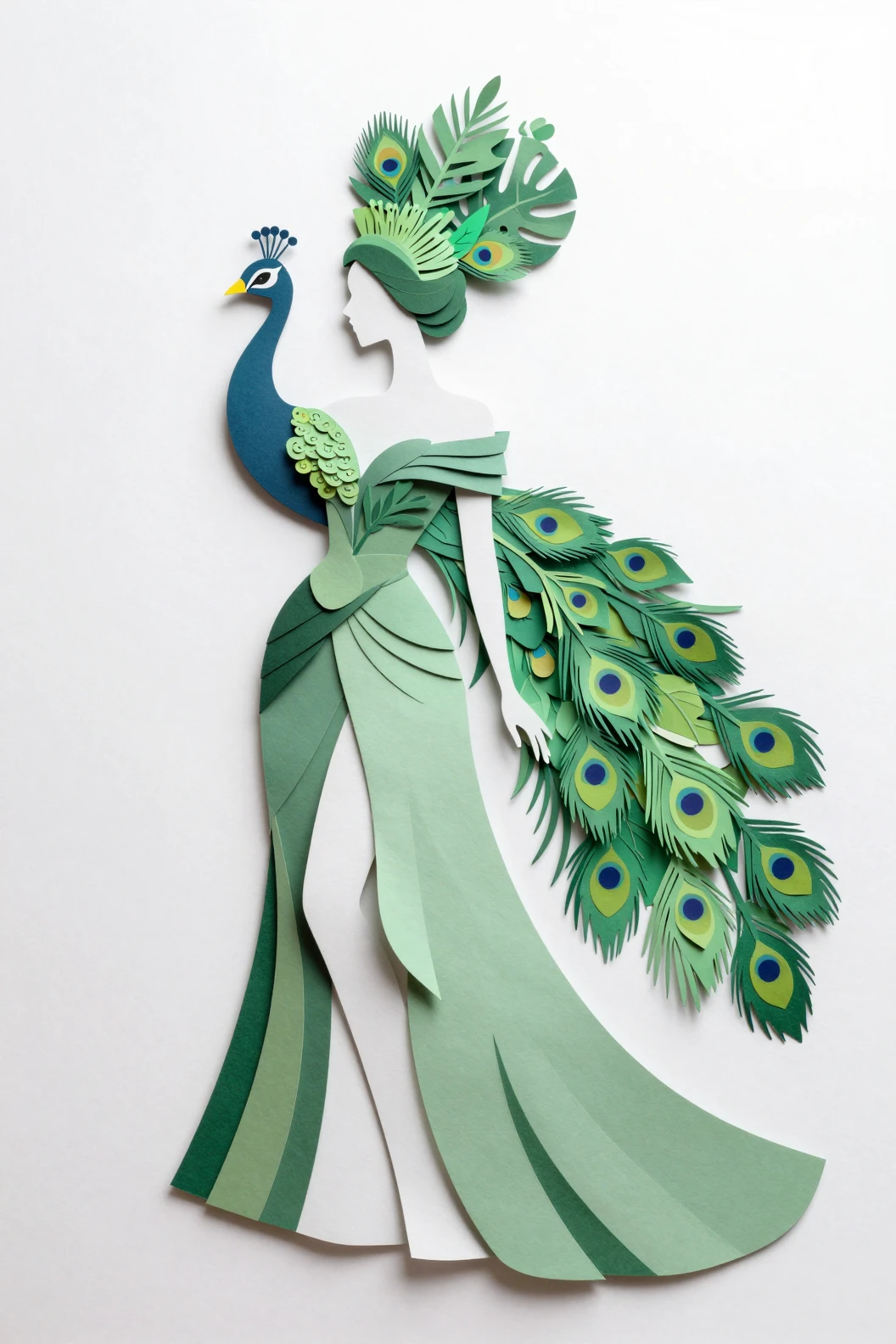 Mujer etérea de alta costura de papel con tocado inspirado en pavo real
