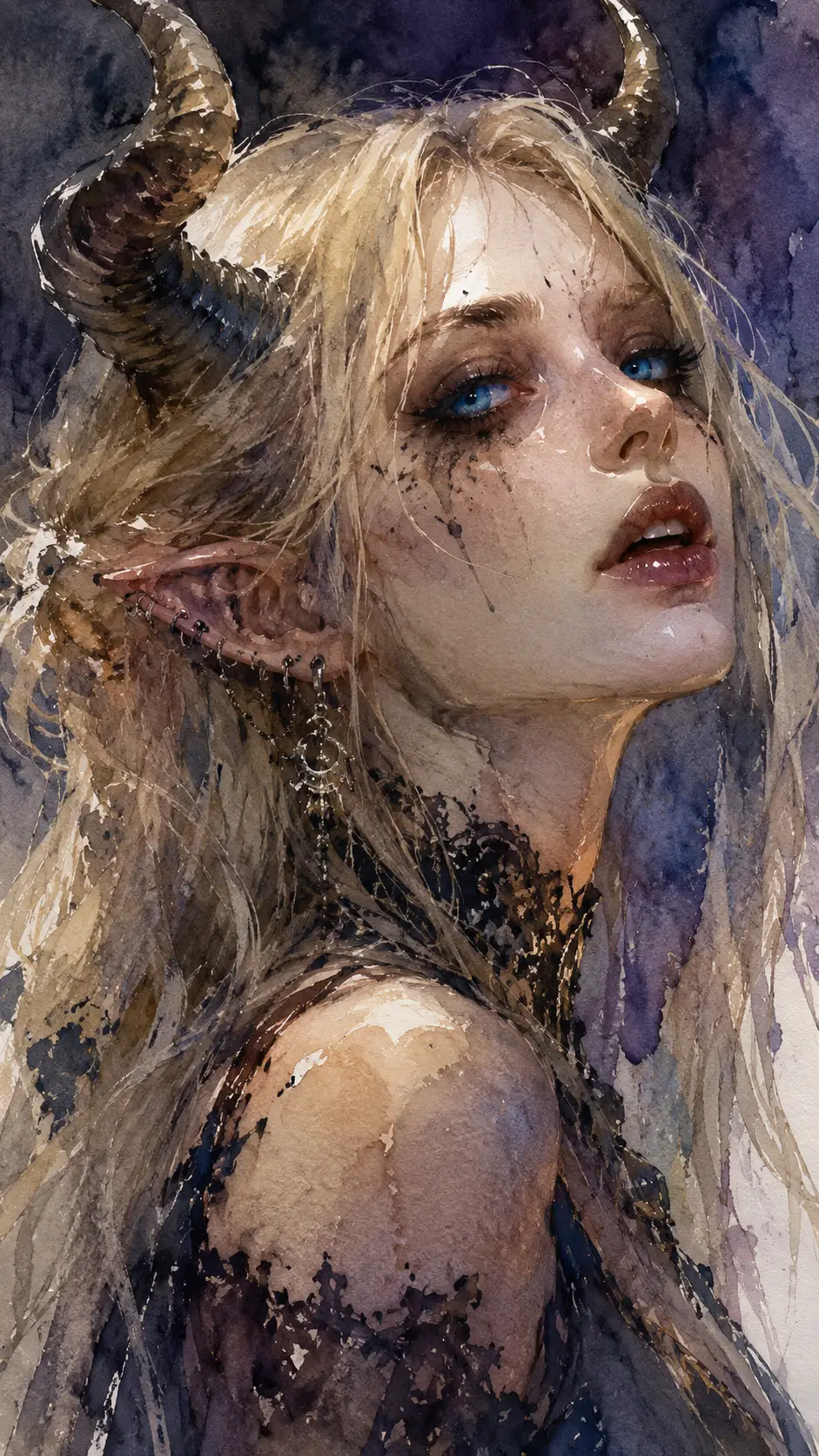 Tiefling bionda con occhi blu luminosi in una luce soffusa