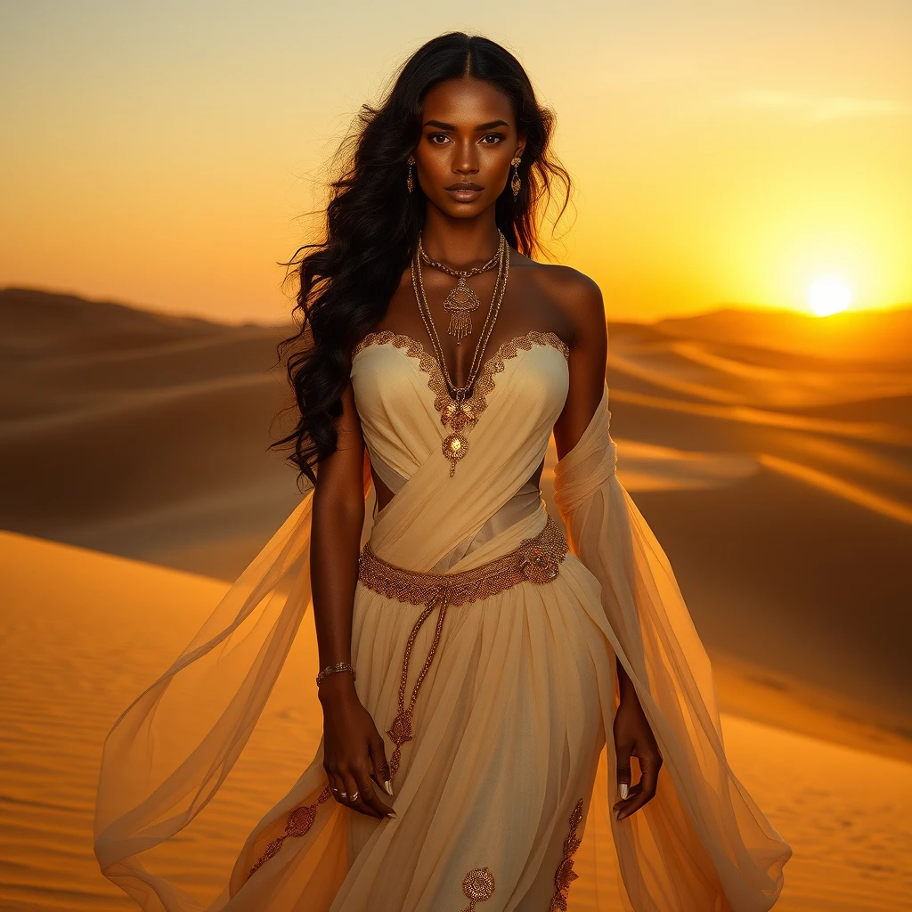 Diosa del desierto en dunas doradas al atardecer