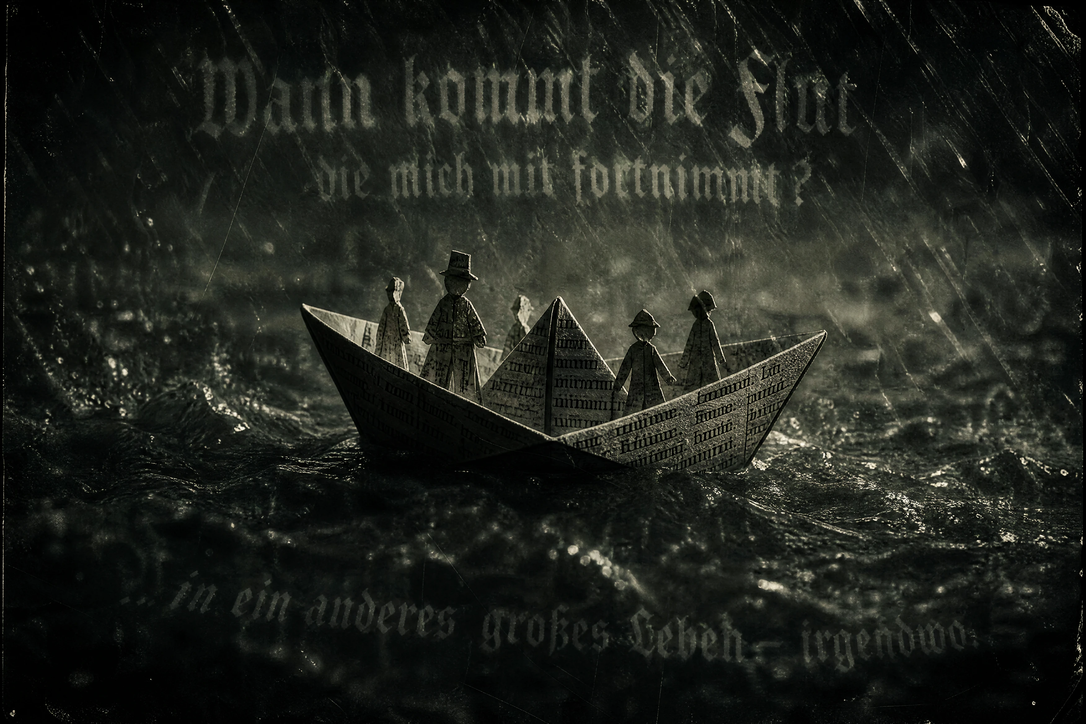 Paper boat in heavy rain on dark turbulent water