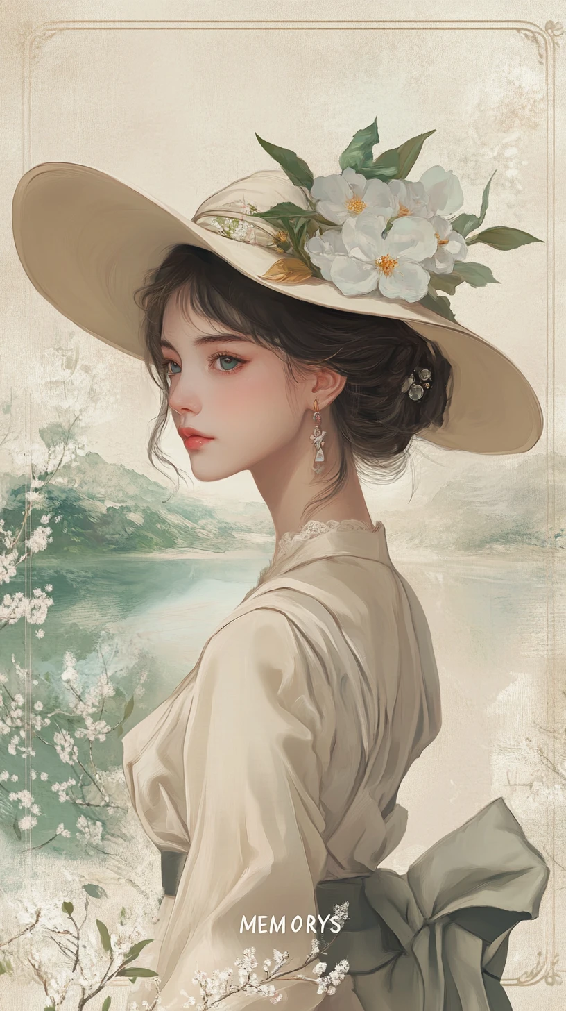Chica vintage con sombrero ante montañas japonesas brumosas