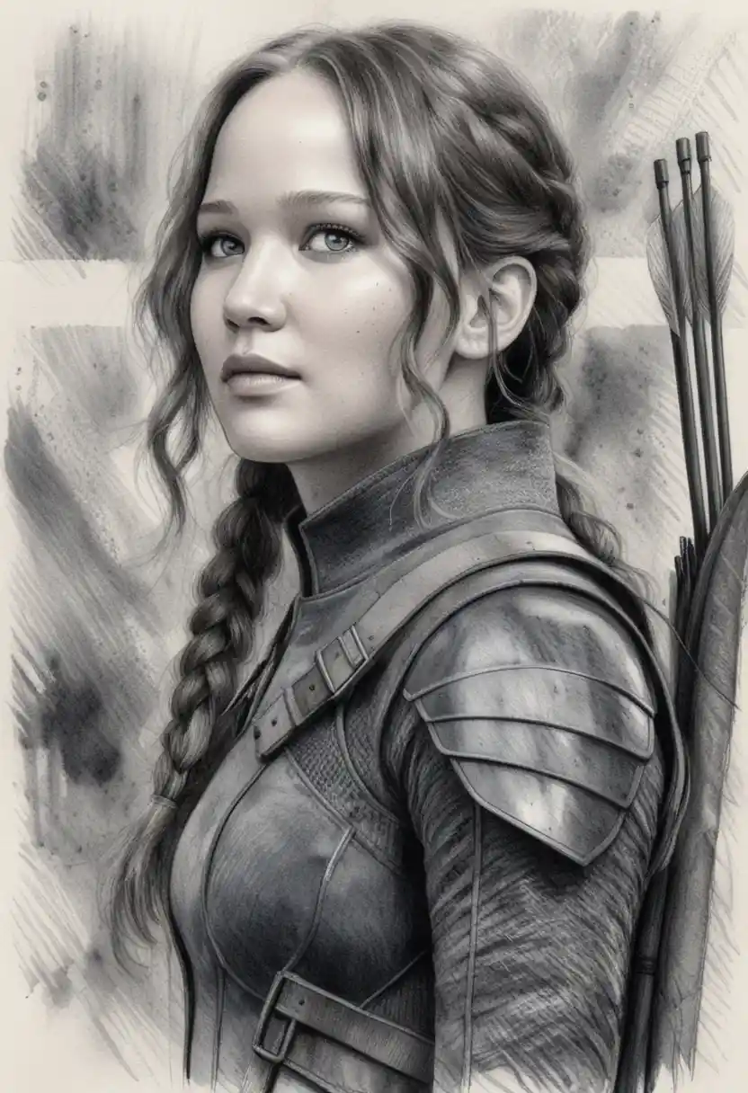 Retrato en grafito de una arquera acorazada y decidida de perfil