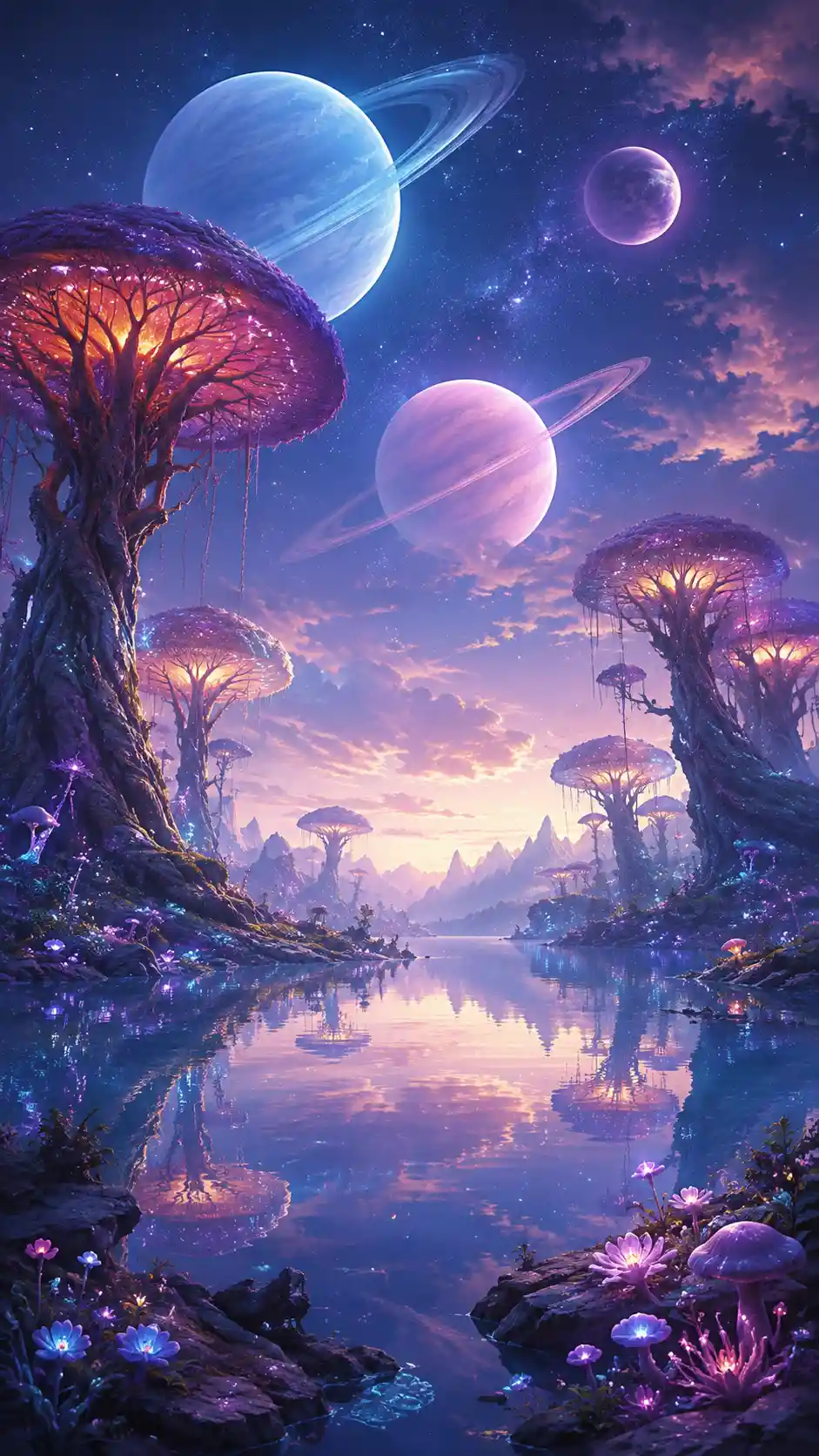 Planetas alienígenas reflejados en una tranquila escena de lago bioluminiscente