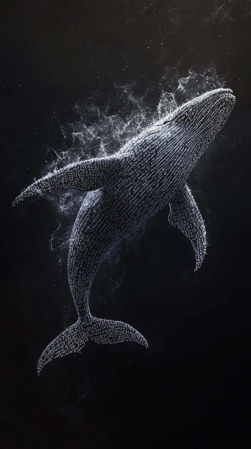 Ballena surreal emergiendo de un océano de marcas simbólicas