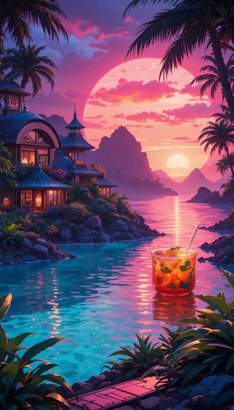 Mujer de anime saboreando una bebida en un resort futurista de isla con neón