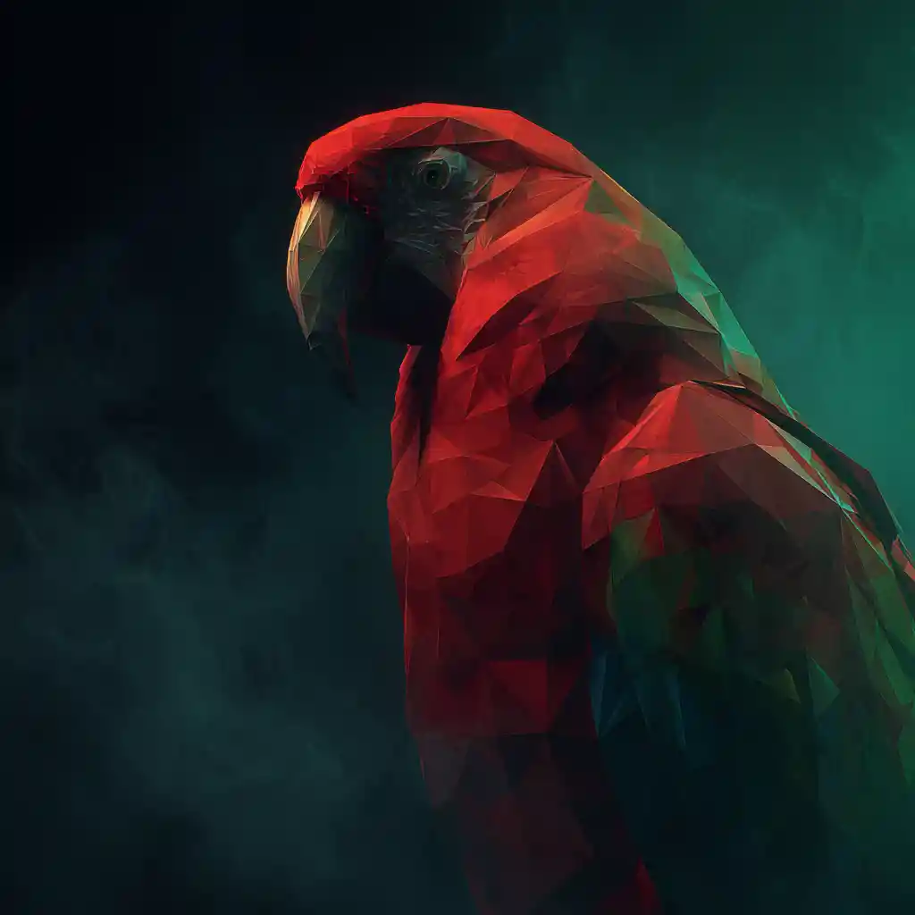 Pappagallo rosso low poly in atmosfera geometrica smeraldo fumosa