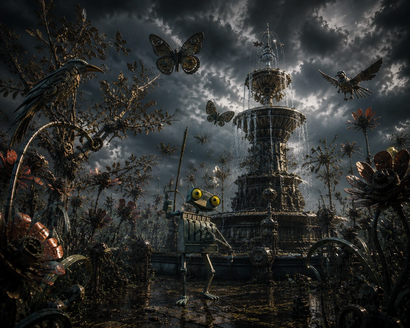 Jardín mecánico dieselpunk con imponente fuente de metal