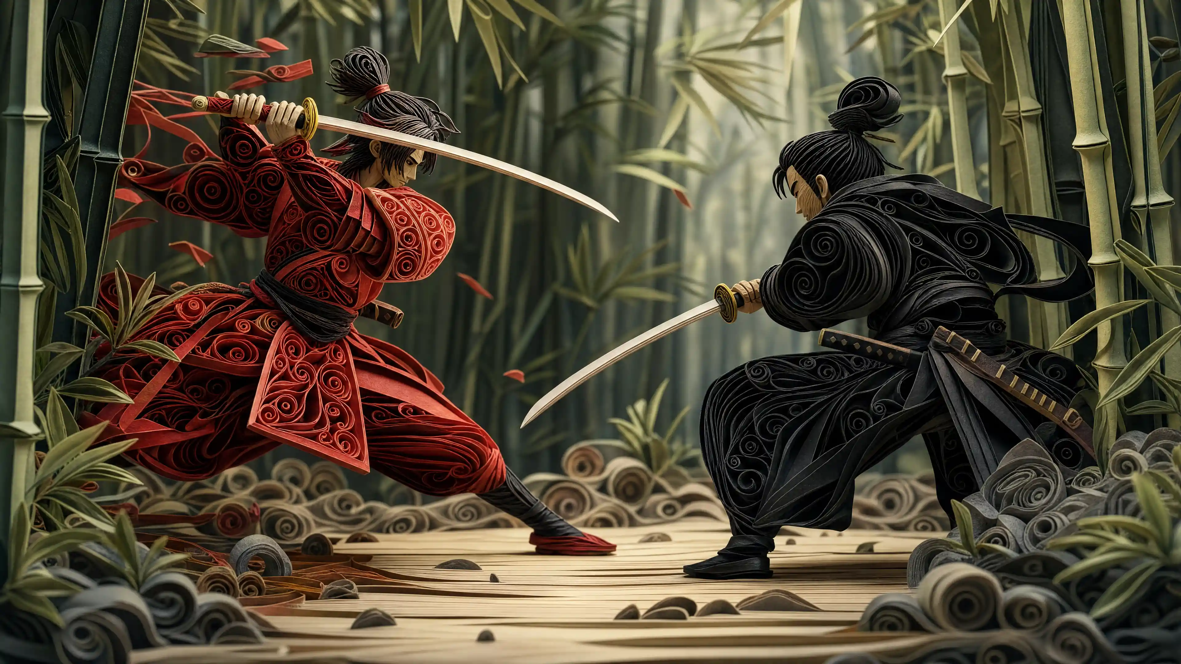 Dos samuráis duelando en un bosque de bambú estilo quilling de papel