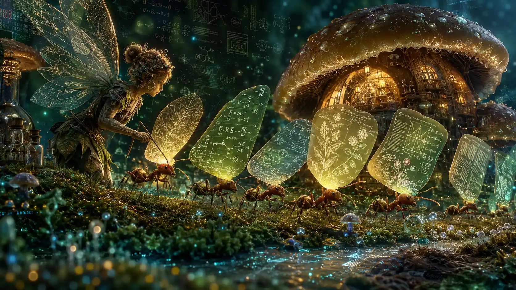 Fée herboriste guidant des fourmis géantes dans une forêt lumineuse