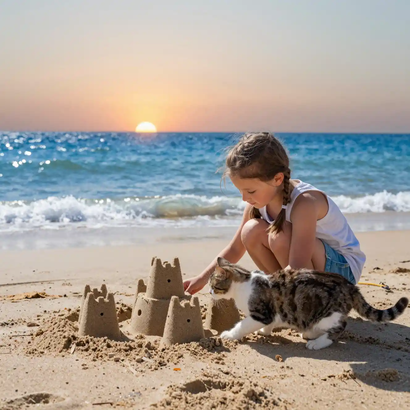 Little girl and cat playing by a glowing sunset sea