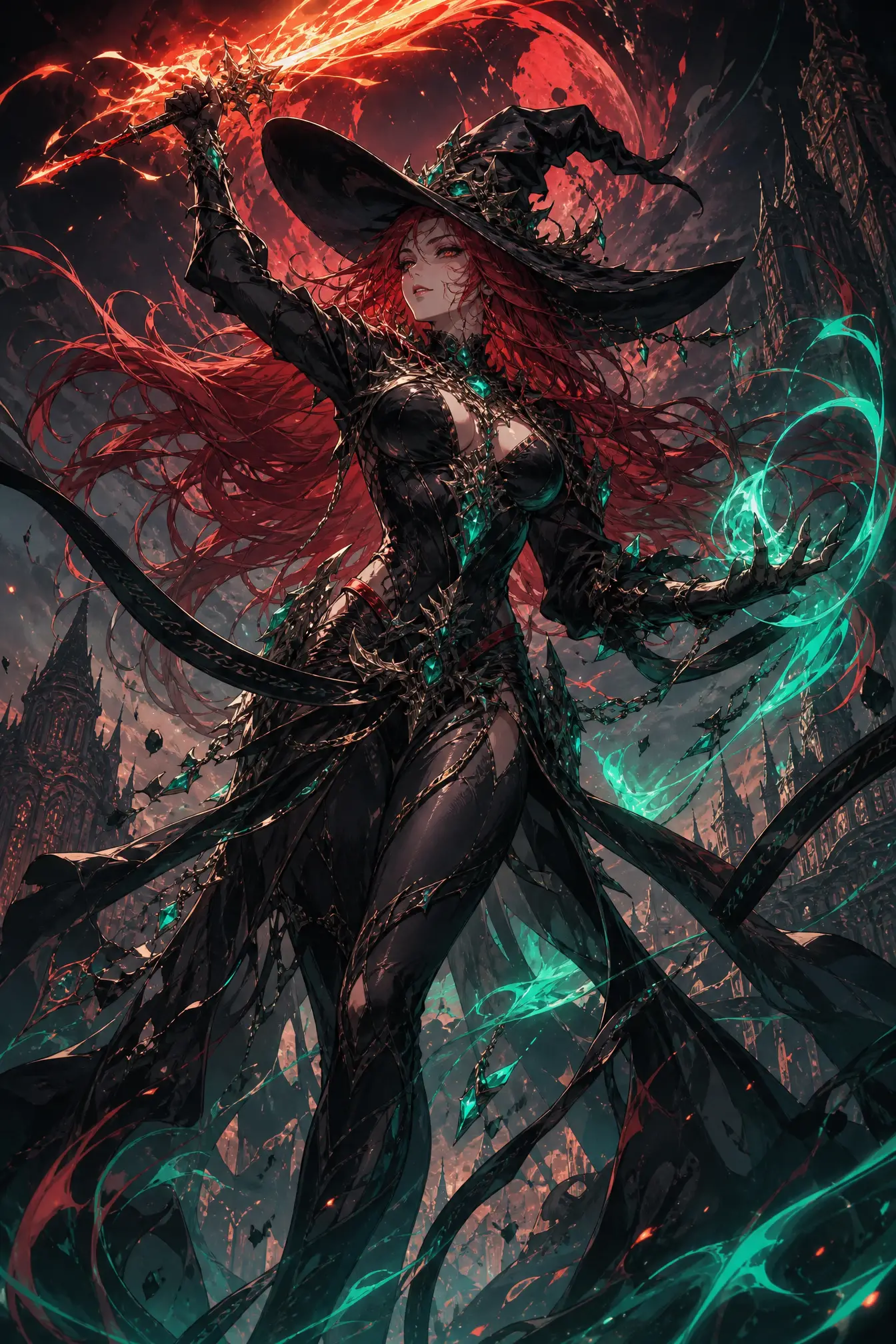 Dark fantasy sorceress wielding flaming magic blade