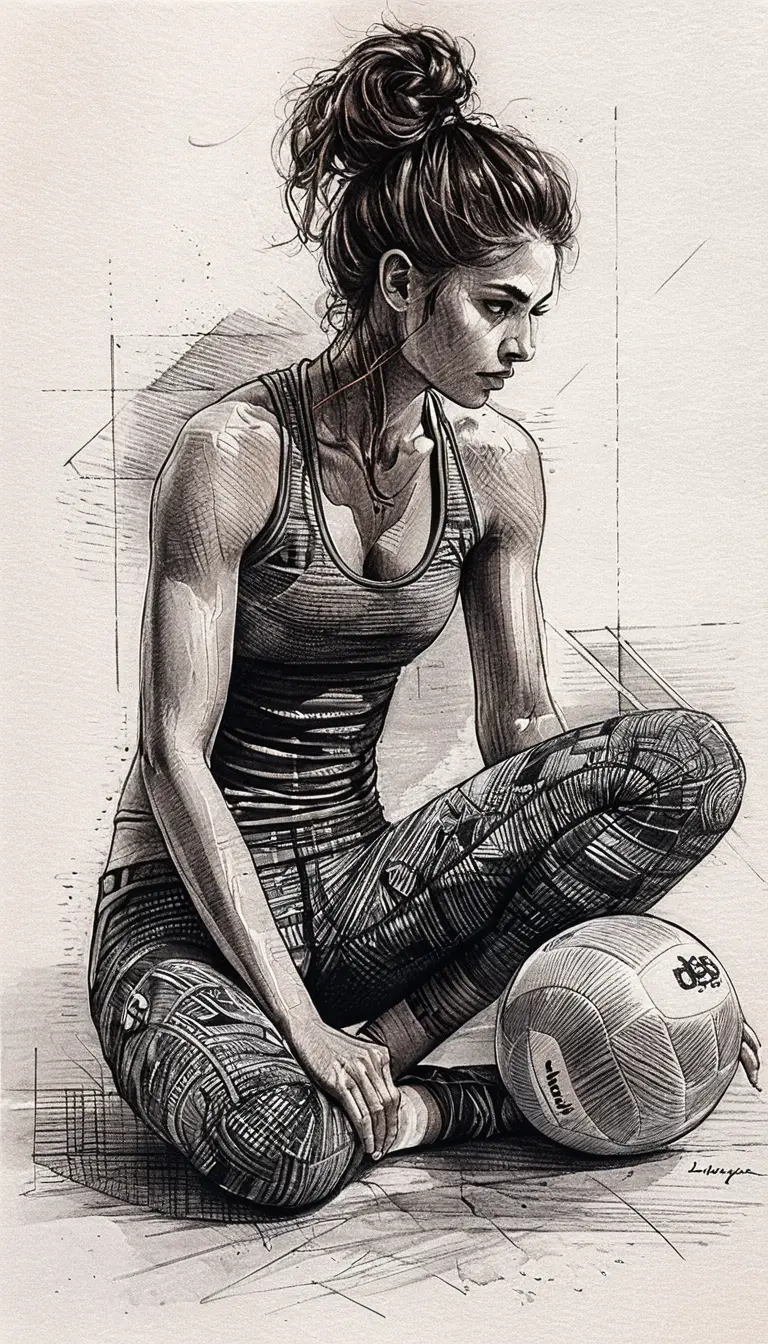 Fille athlétique accroupie avec un ballon de volley en dessin au stylo