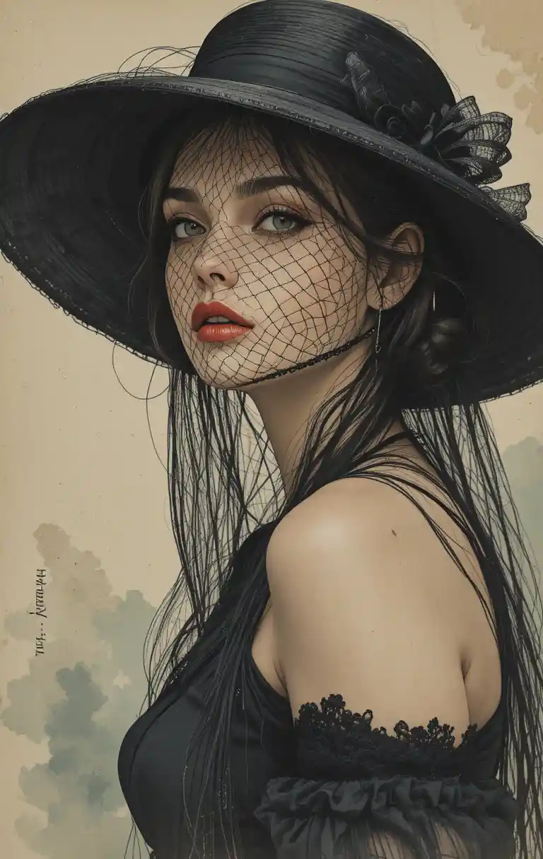 Joven mujer velada en un retrato editorial vintage a tinta