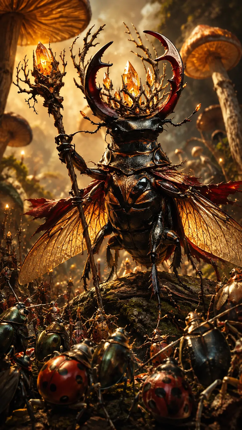 Heroic stag beetle king leading woodland insects in forest