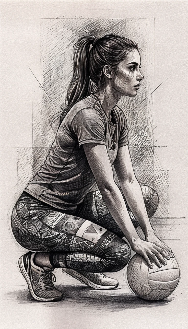 Chica atlética en cuclillas con balón de voleibol en dibujo a bolígrafo