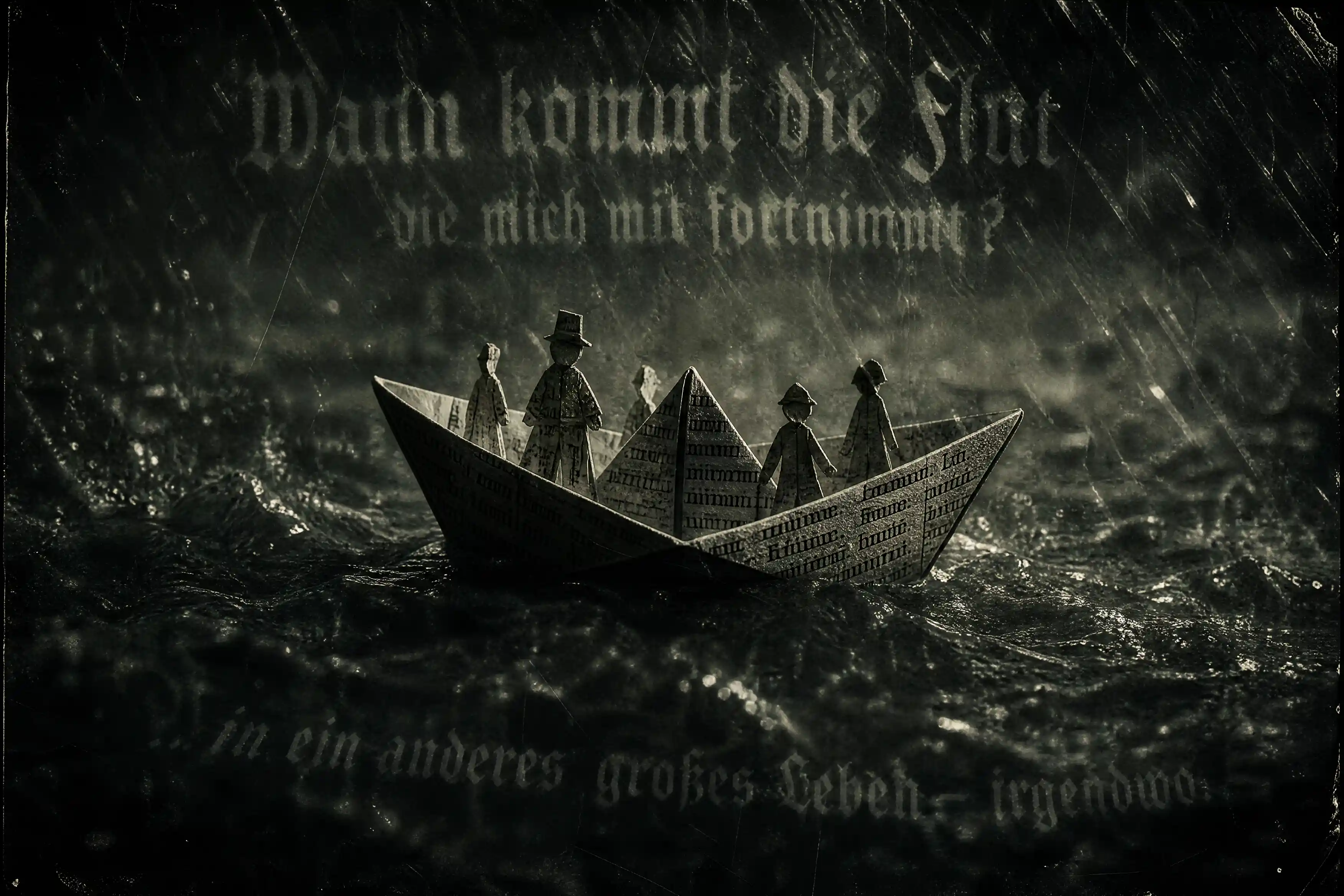 Paper boat in heavy rain on dark turbulent water