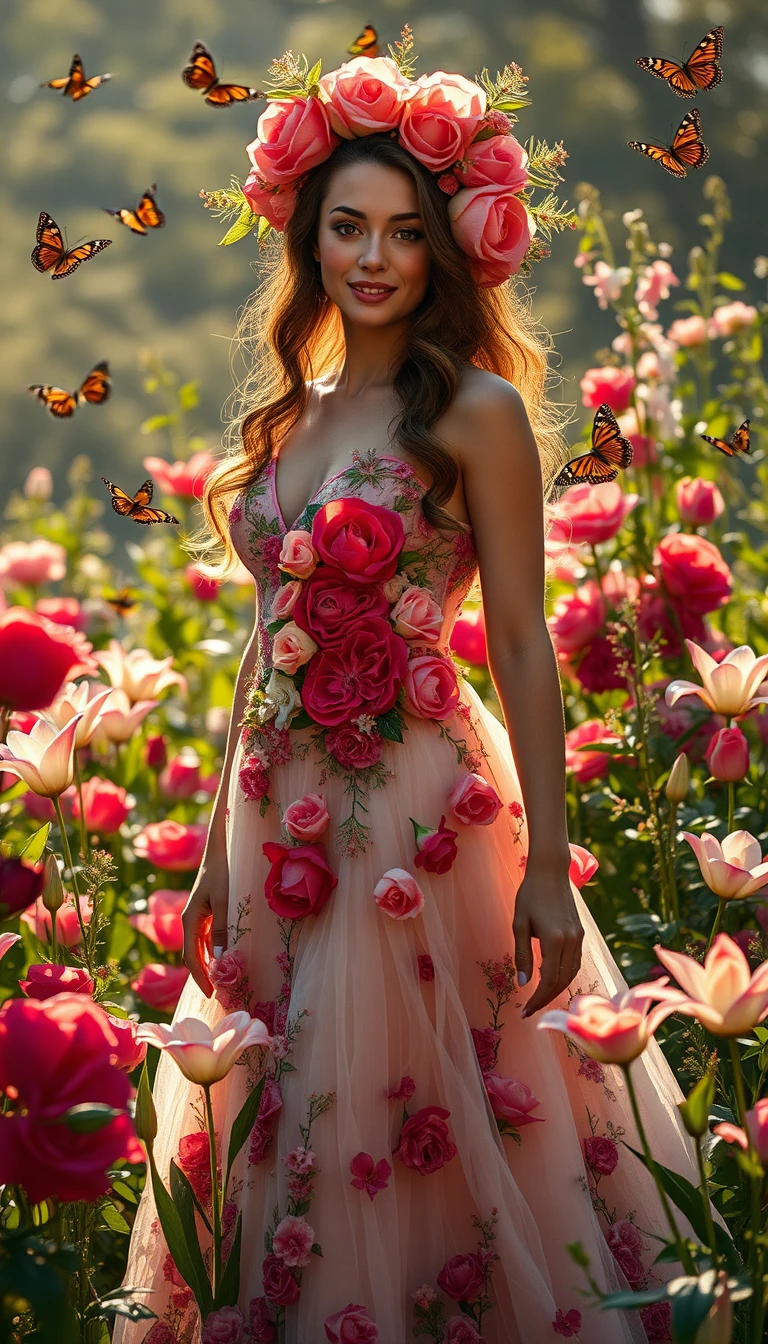 Diosa del jardín con vestido floral entre flores primaverales en pleno florecimiento
