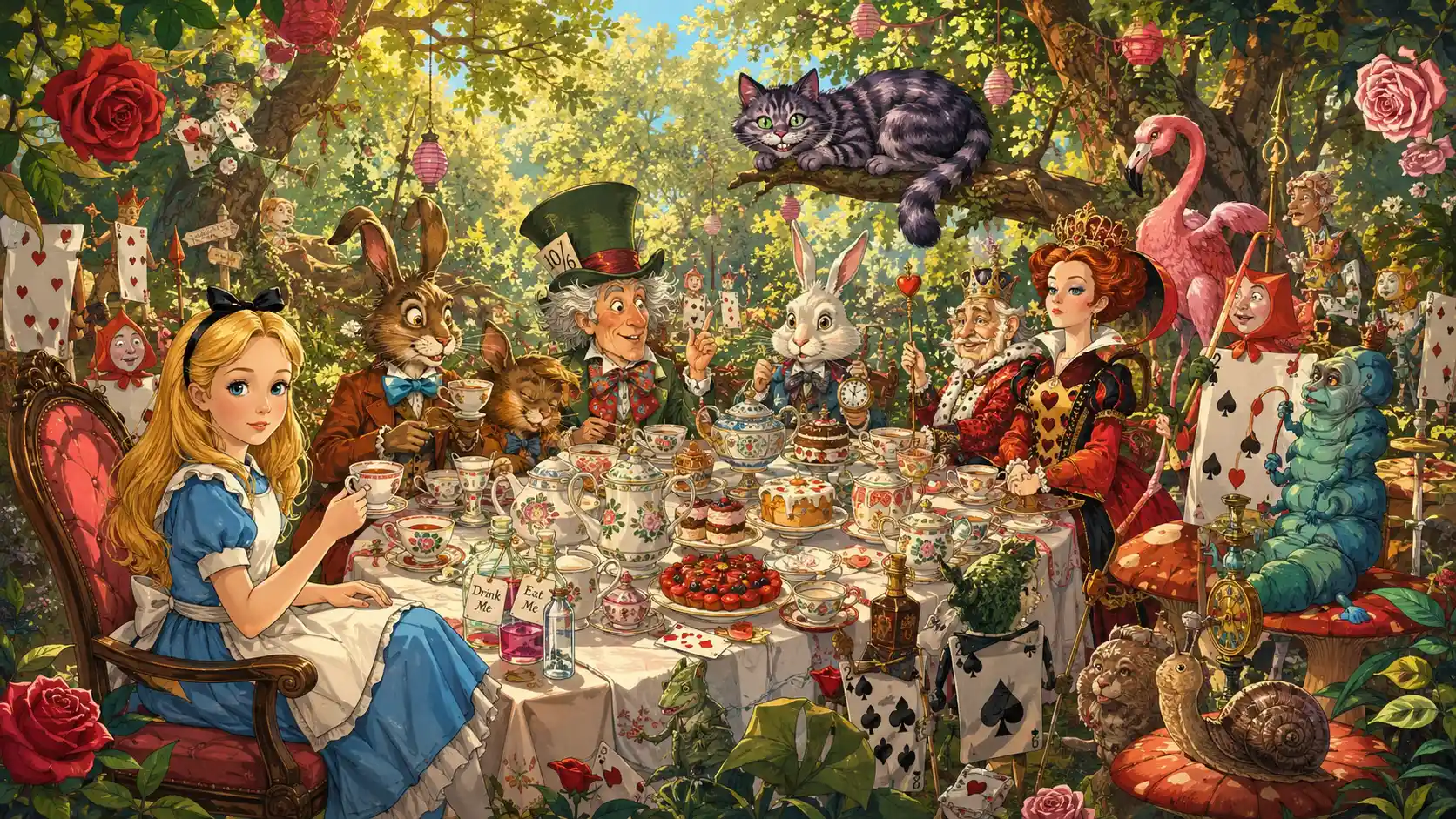 Personajes de Alicia en una soleada fiesta de té en el bosque encantado