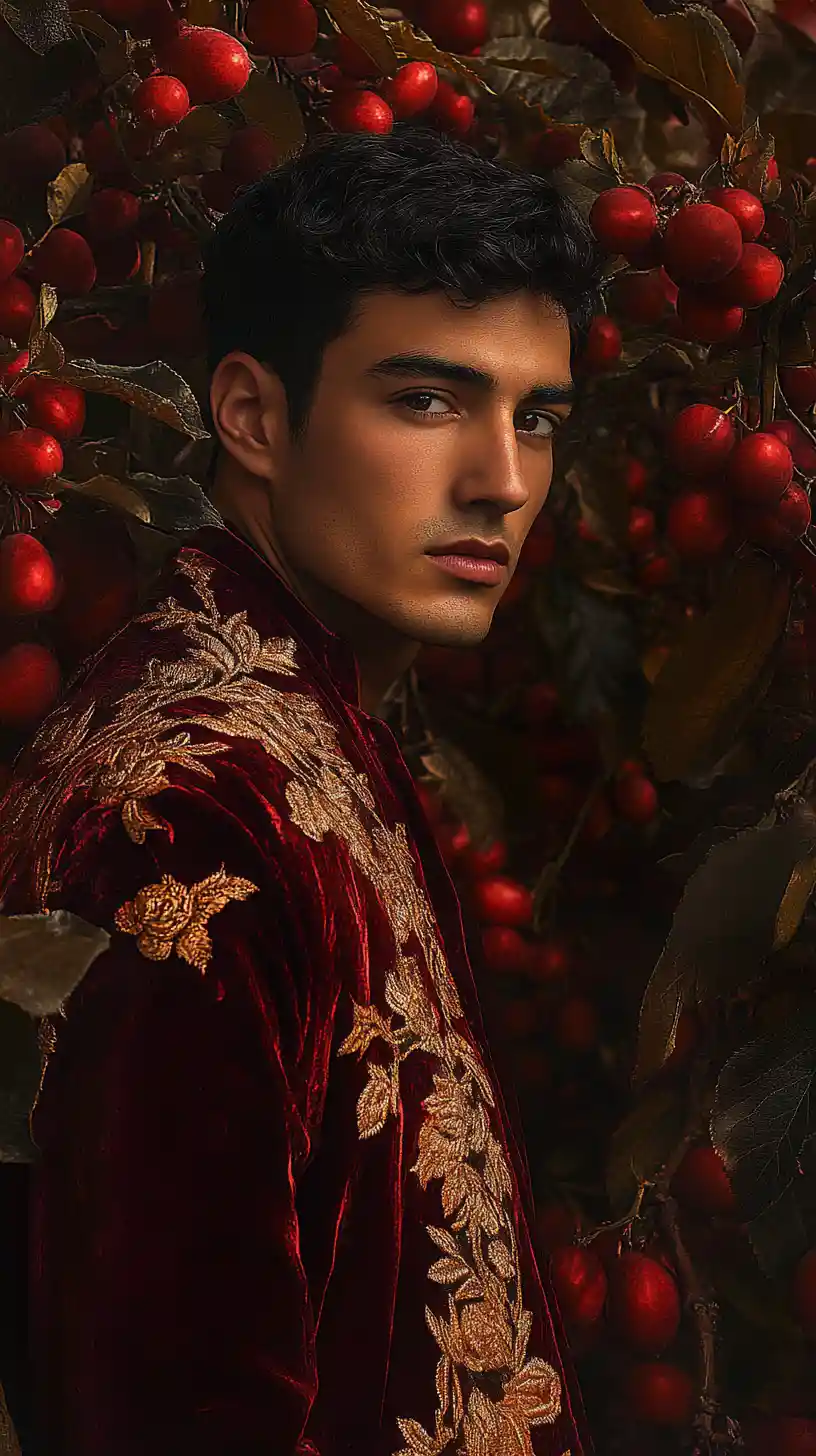 Guardian in a crimson orchard of thorns and gemlike fruit