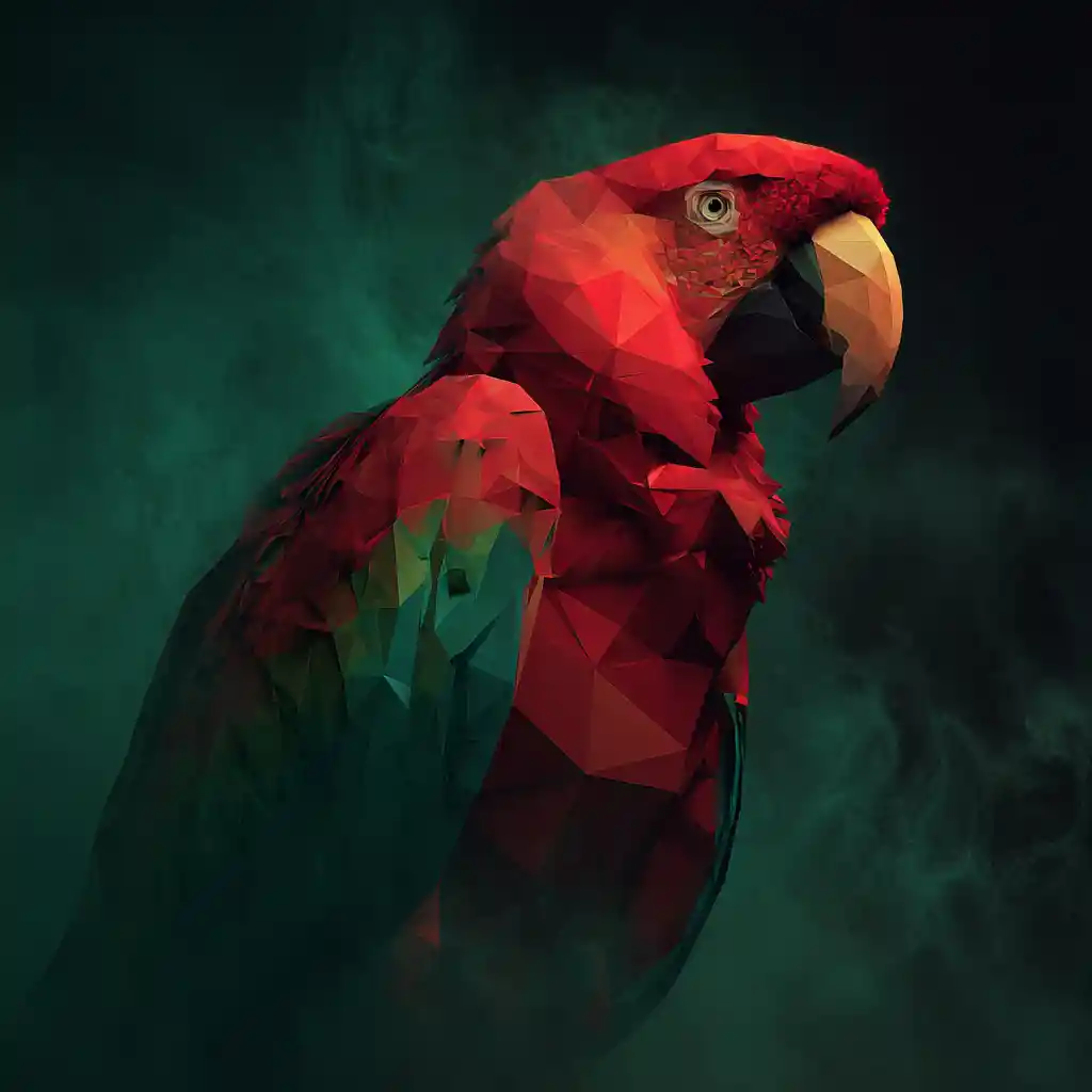 Low poly red parrot in dark geometric smoky atmosphere