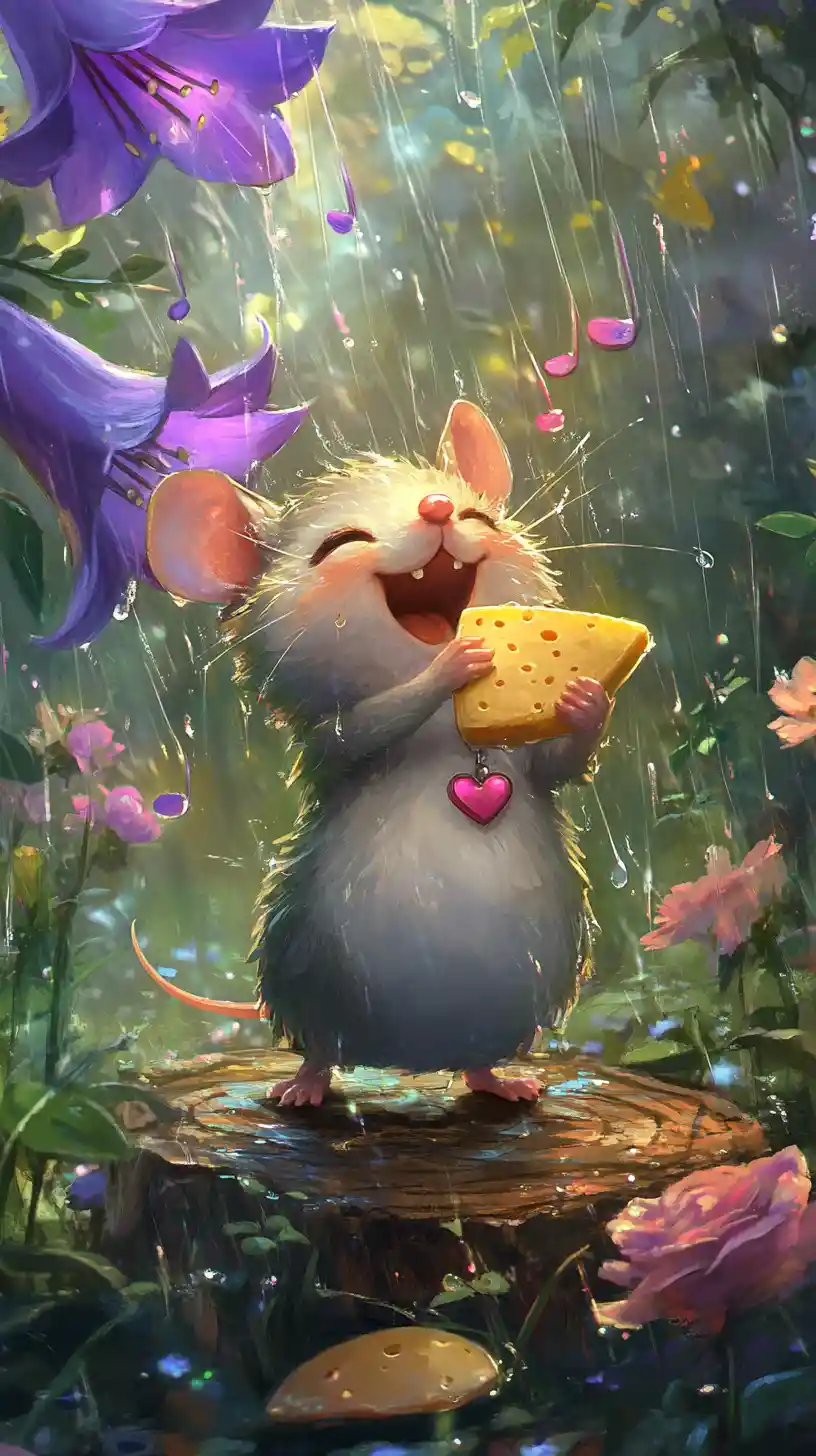 Ratón feliz bailando bajo una campánula bajo la lluvia