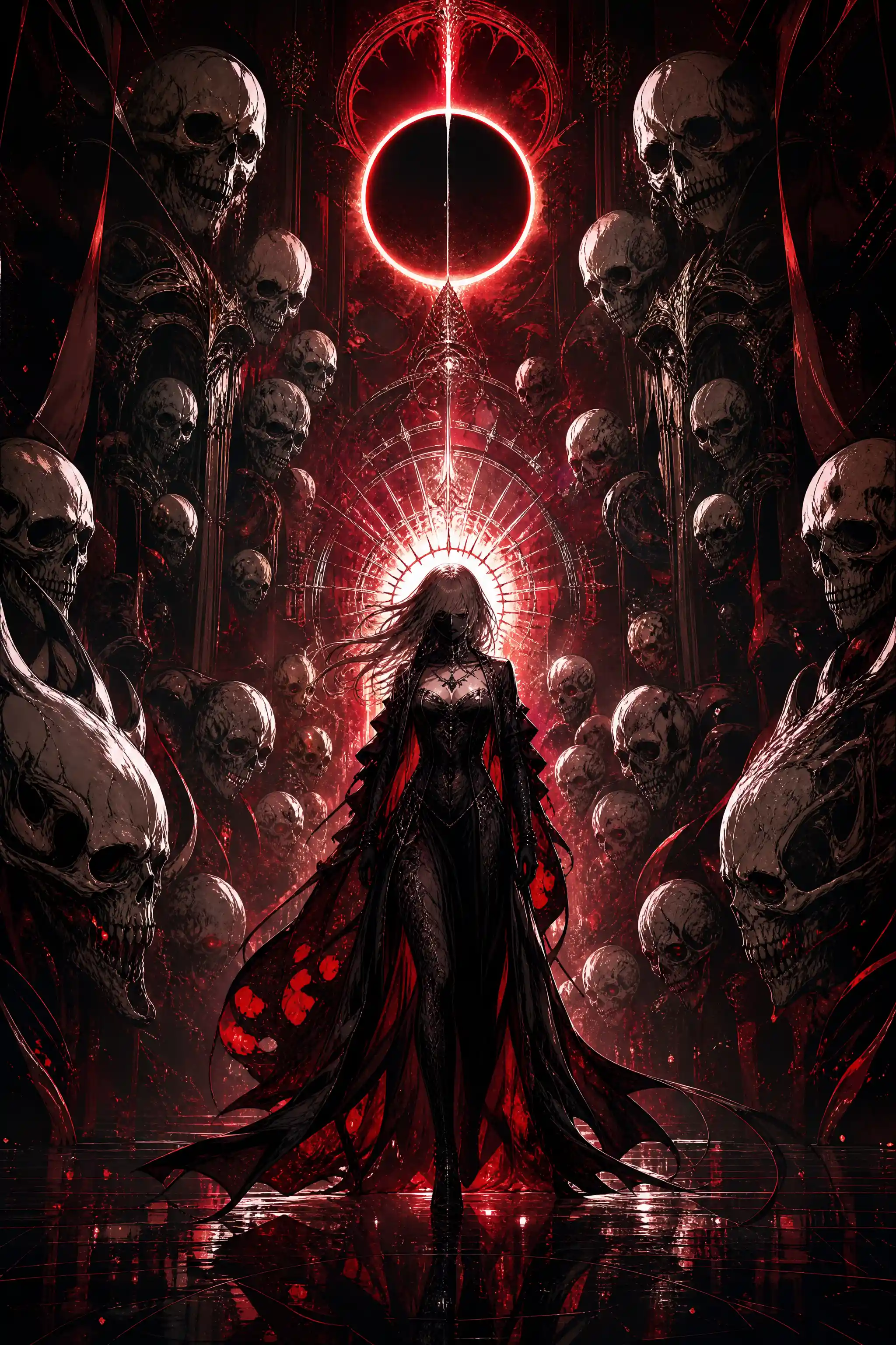 Dark robed woman walking through gothic skull corridor