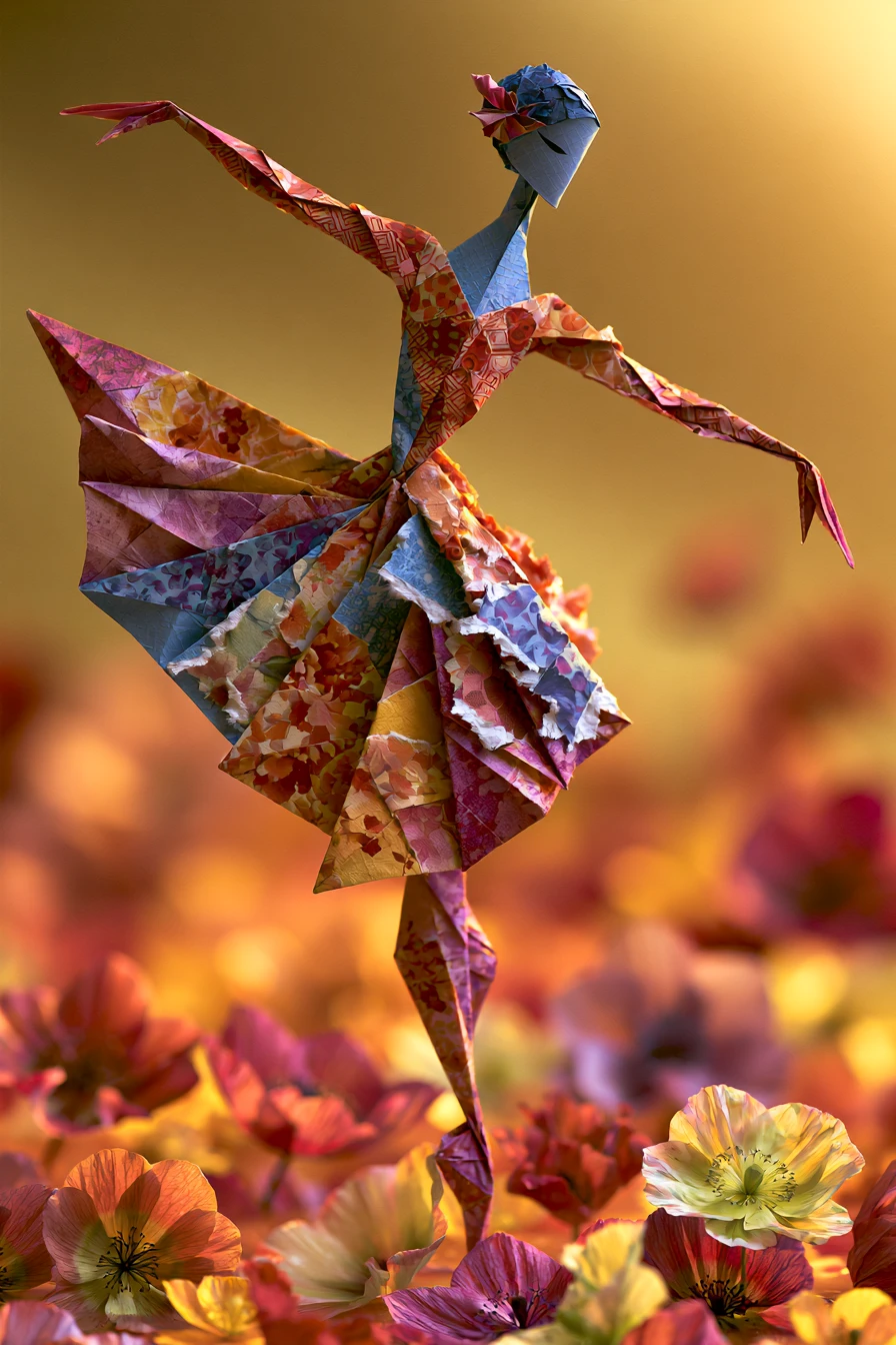 Origami dancer rising gracefully from a bed of flowers