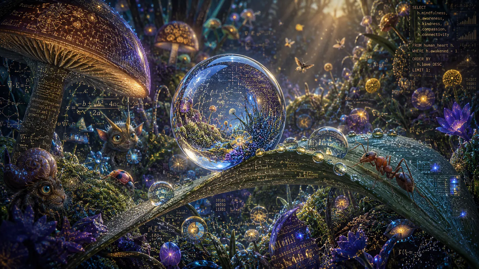 Ultra macro fantasy microcosm of glowing data particles
