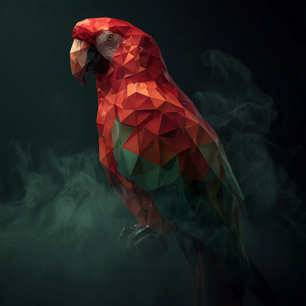 Low poly red parrot in dark emerald atmospheric scene