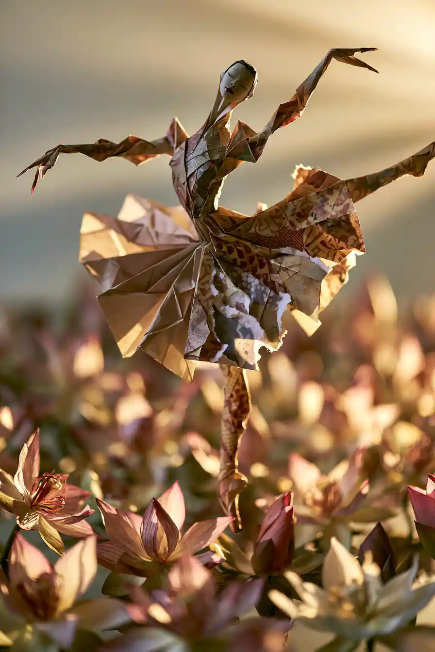 Origami dancer rising gracefully from blooming flowers