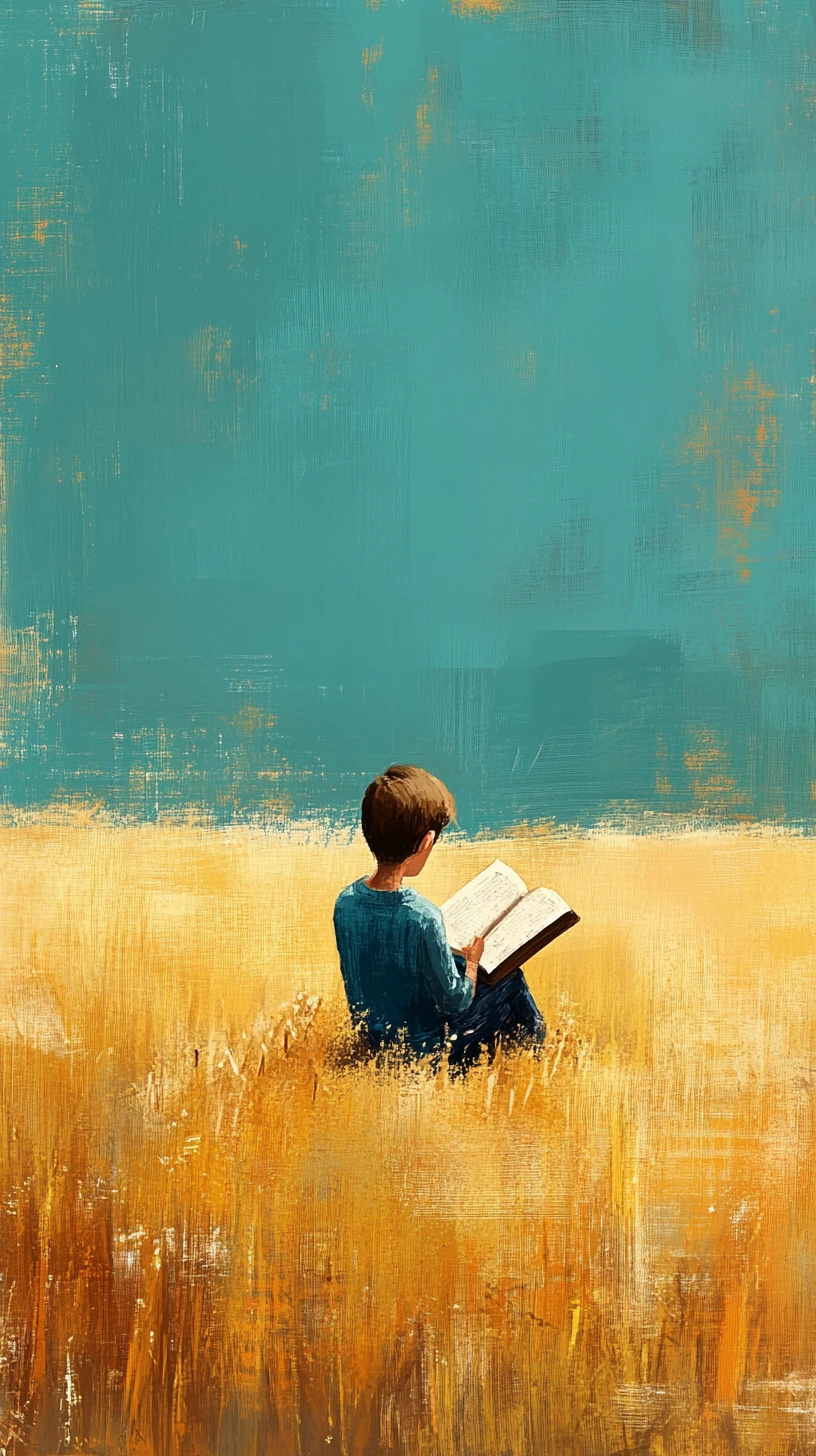 Niño Leyendo en un Campo Dorado bajo un Cielo Verde