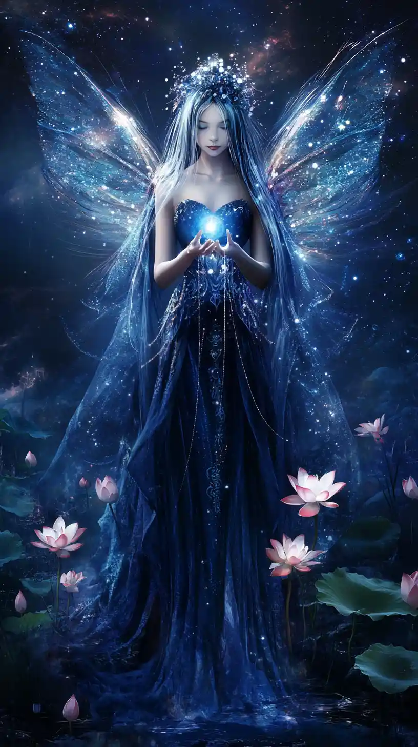 Hada etérea con vestido azul entre flores de loto