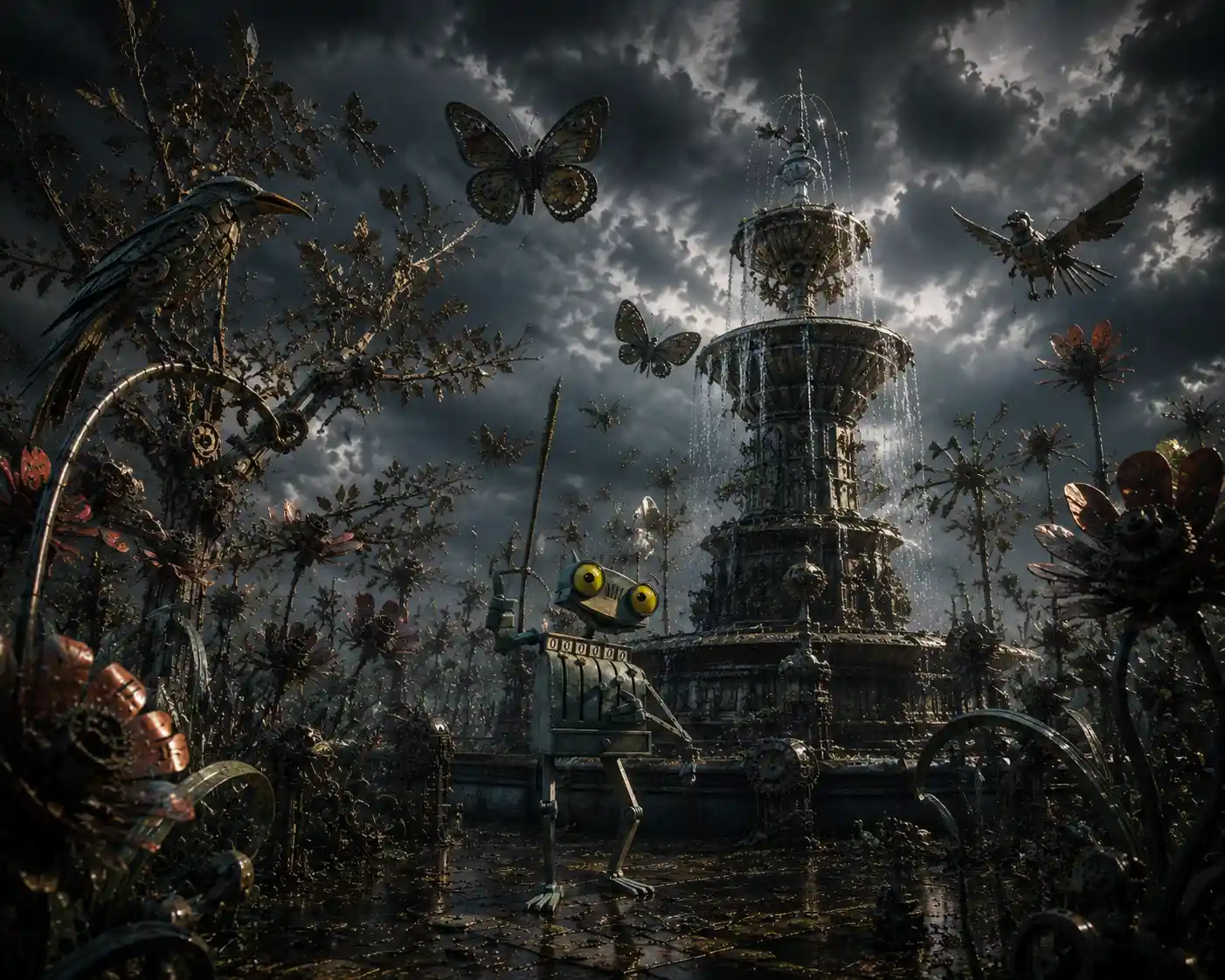 Jardín mecánico dieselpunk con imponente fuente de metal