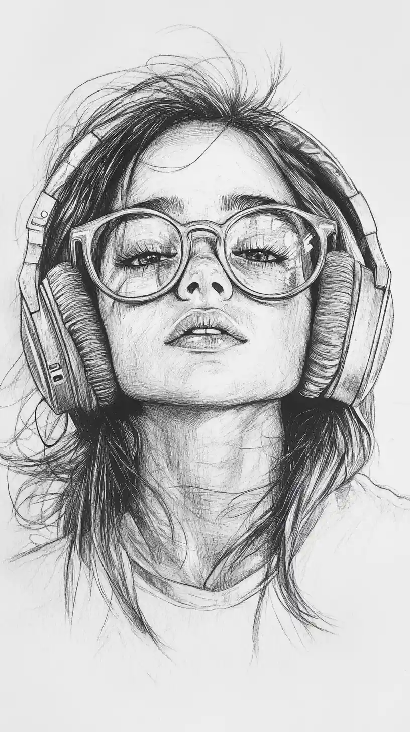 Retrato a lápiz de una joven con auriculares y gafas