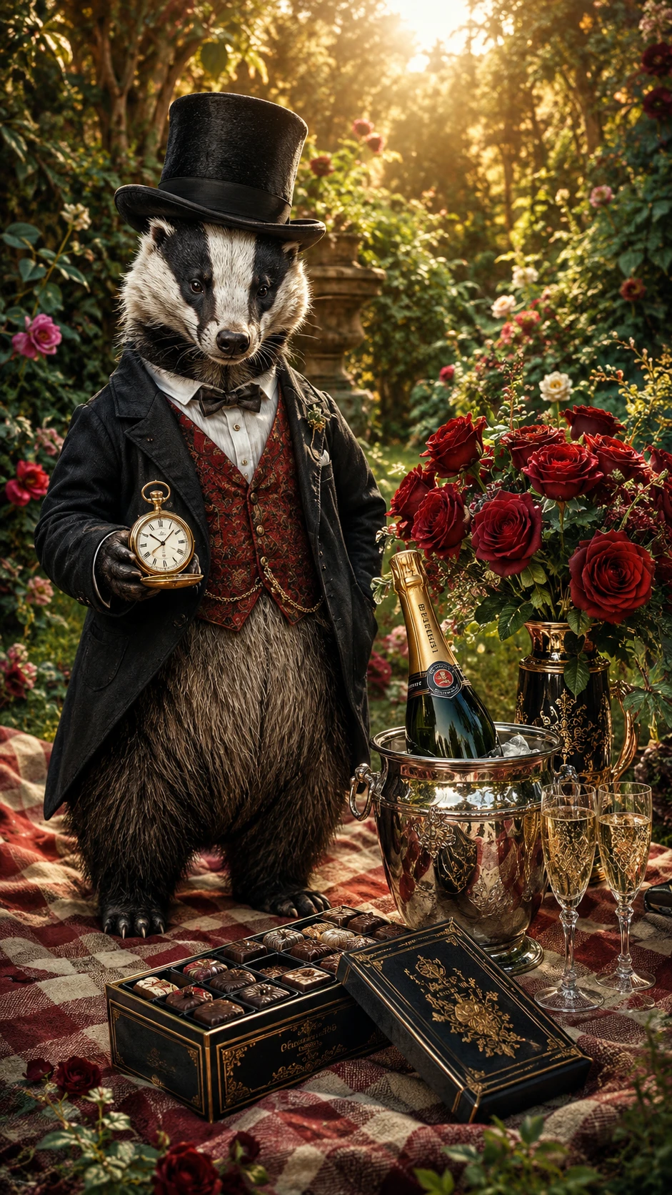 Tejón Elegante en un Romántico Picnic con Champán en el Jardín