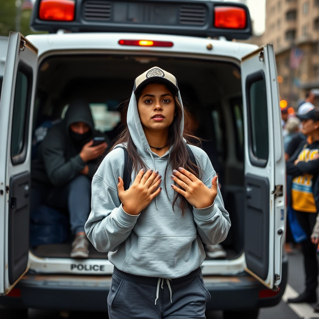 Mujer con sudadera enfrentando a una furgoneta policial en movimiento