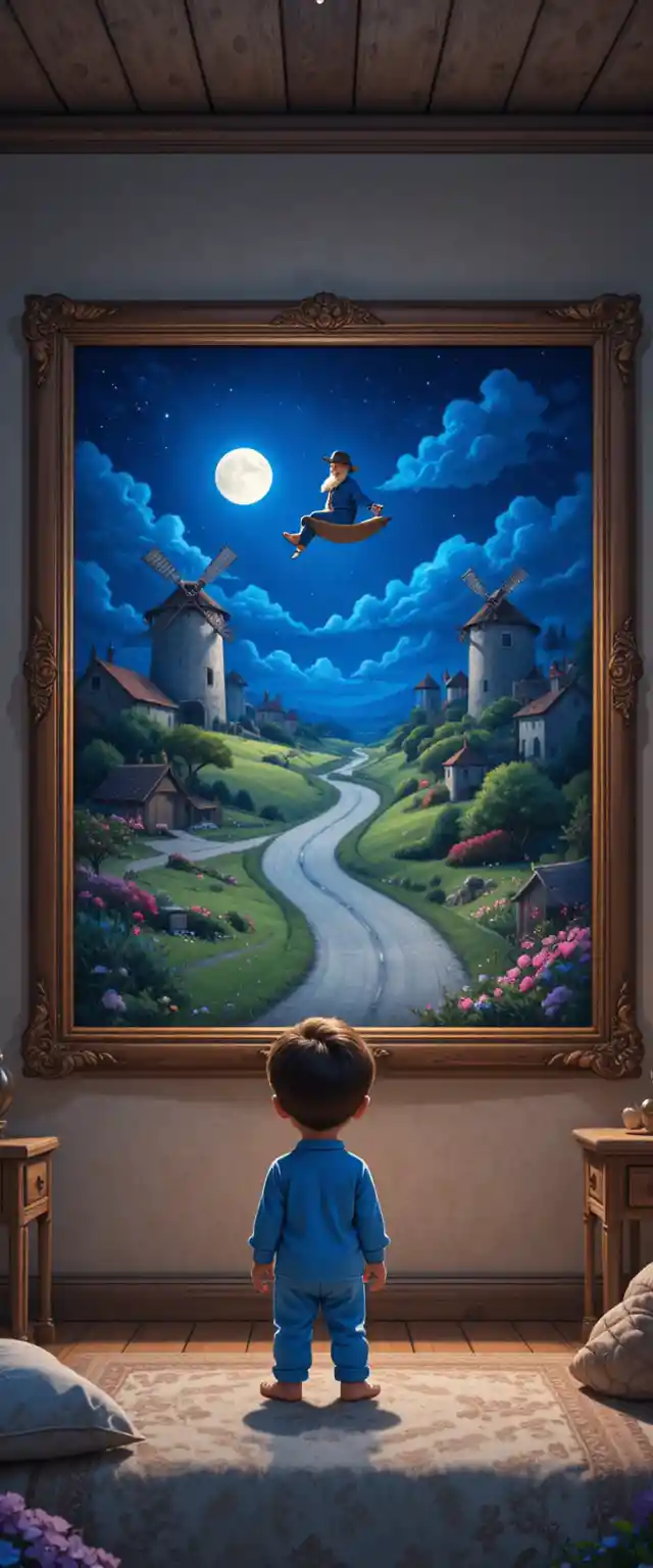 Niño pequeño en pijama ante una mágica pintura a la luz de la luna