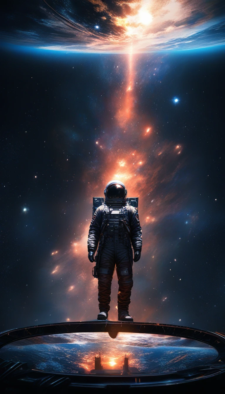 Astronaut On Floating Platform Above Earth In Deep Space