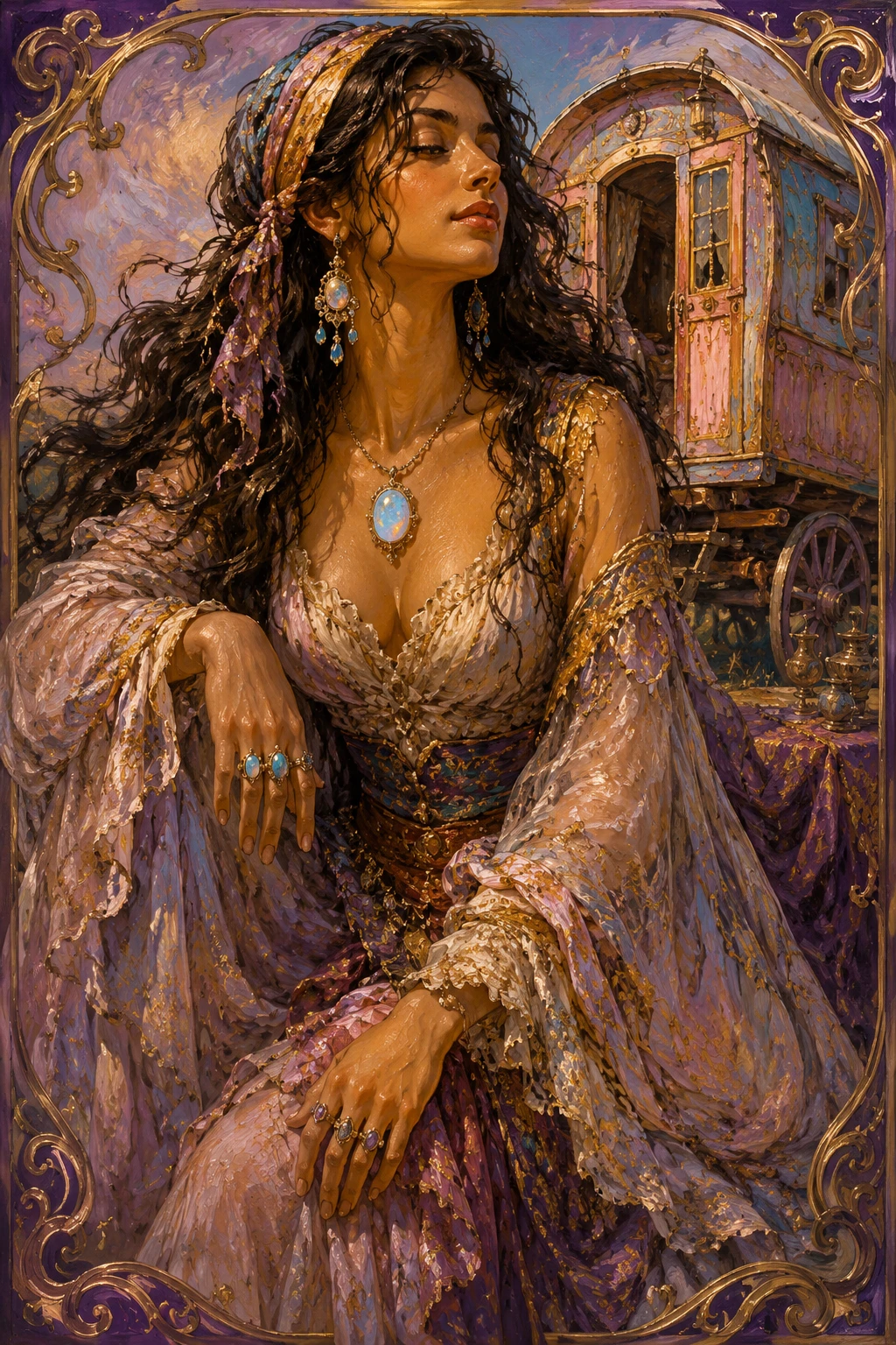 Hechicera gitana mística junto a una carreta vintage