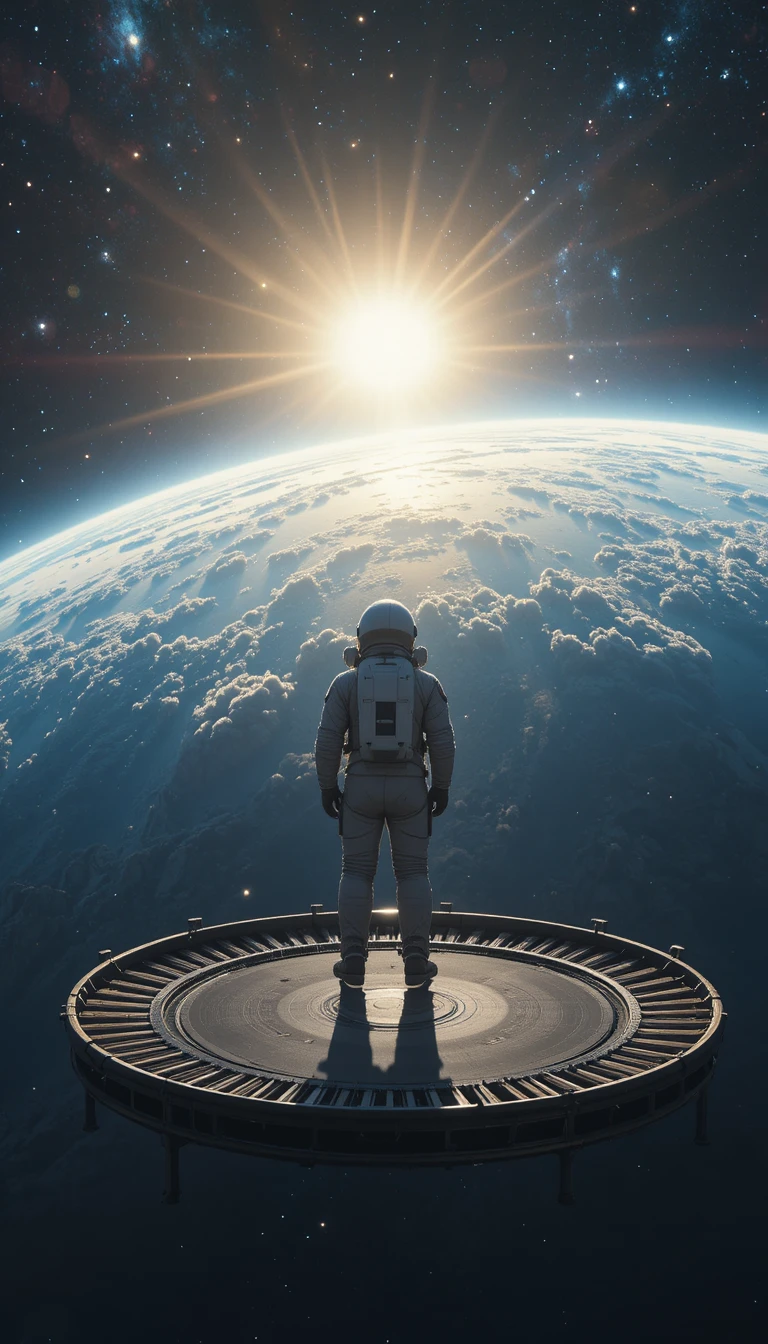 Astronauta en plataforma flotante sobre la Tierra en el espacio profundo