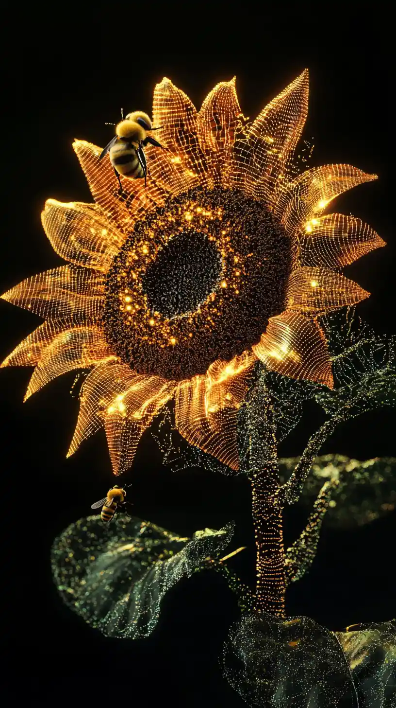 Digital sunflower of data streams with bumble bee on black