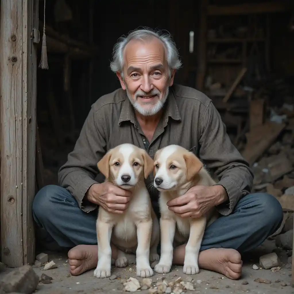 Anziano che nutre delicatamente due cuccioli sul pavimento