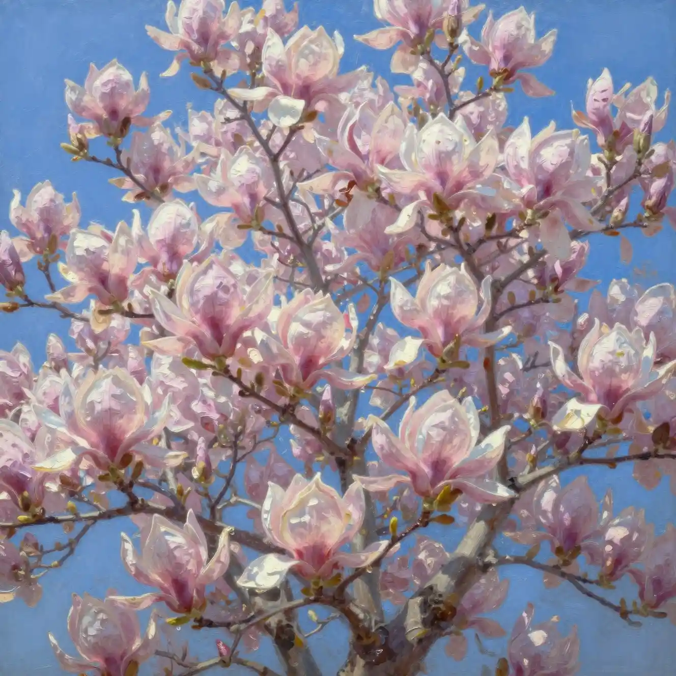 Ramas de magnolia en flor contra un cielo azul intenso
