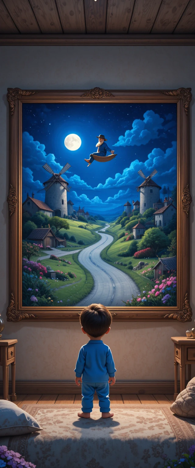 Little boy in pajamas before a magical moonlit painting