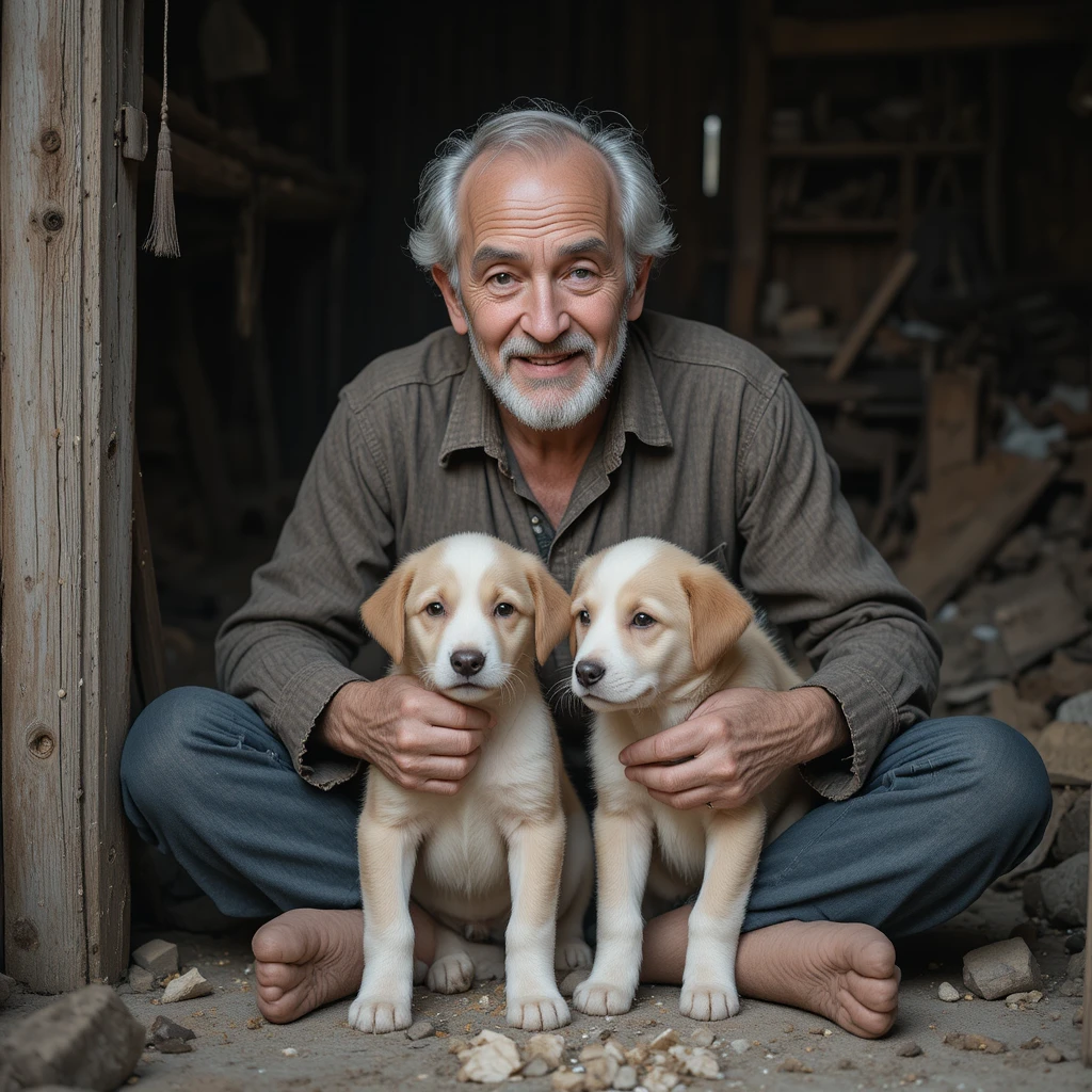 Hombre mayor alimentando con ternura a dos cachorros en el suelo