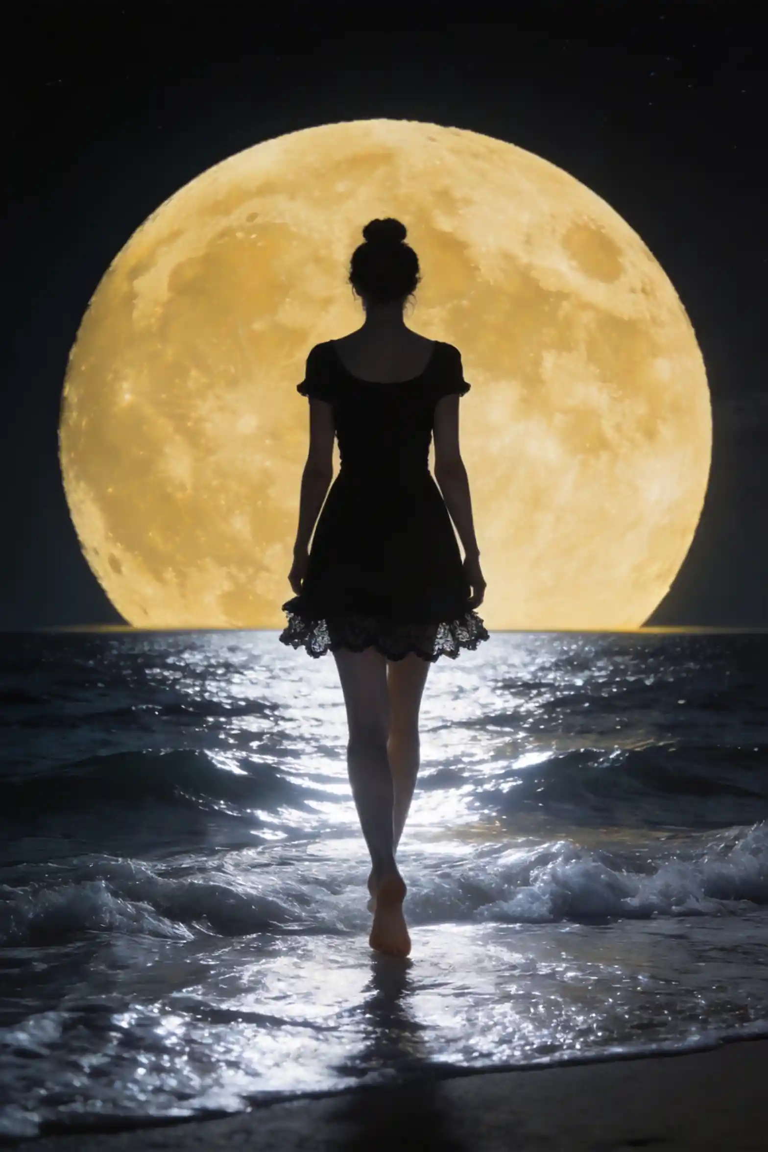 Chica descalza con vestido negro caminando hacia una luna gigante