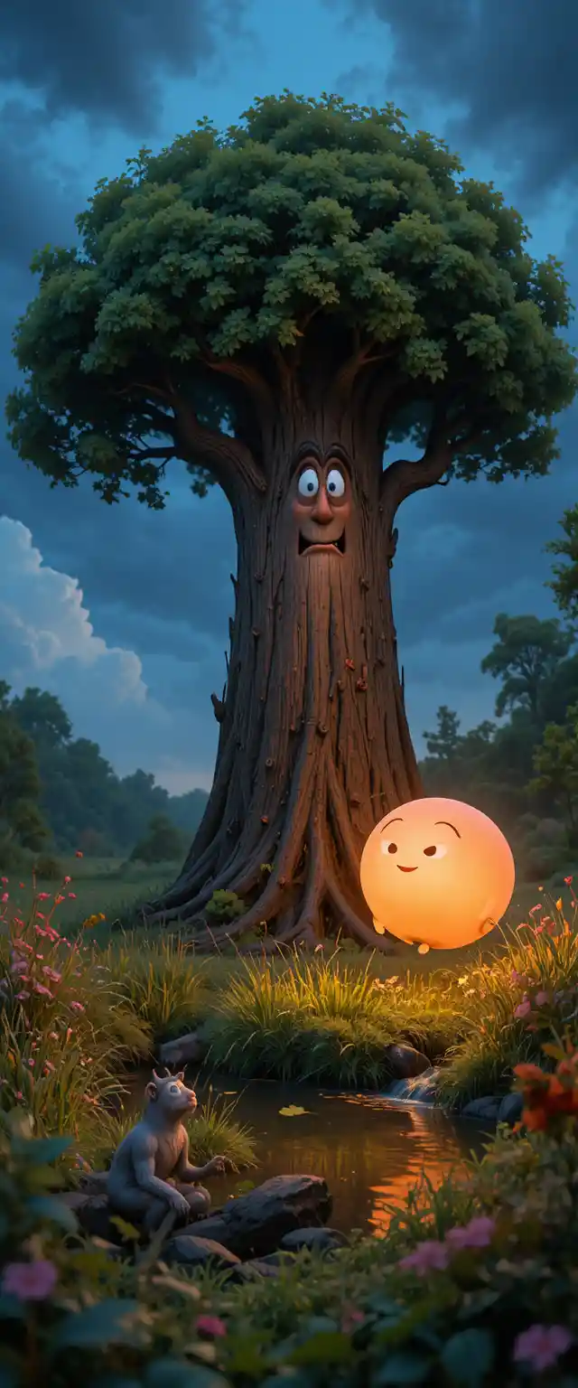 Roble y junco enfrentando el viento tormentoso al estilo Pixar