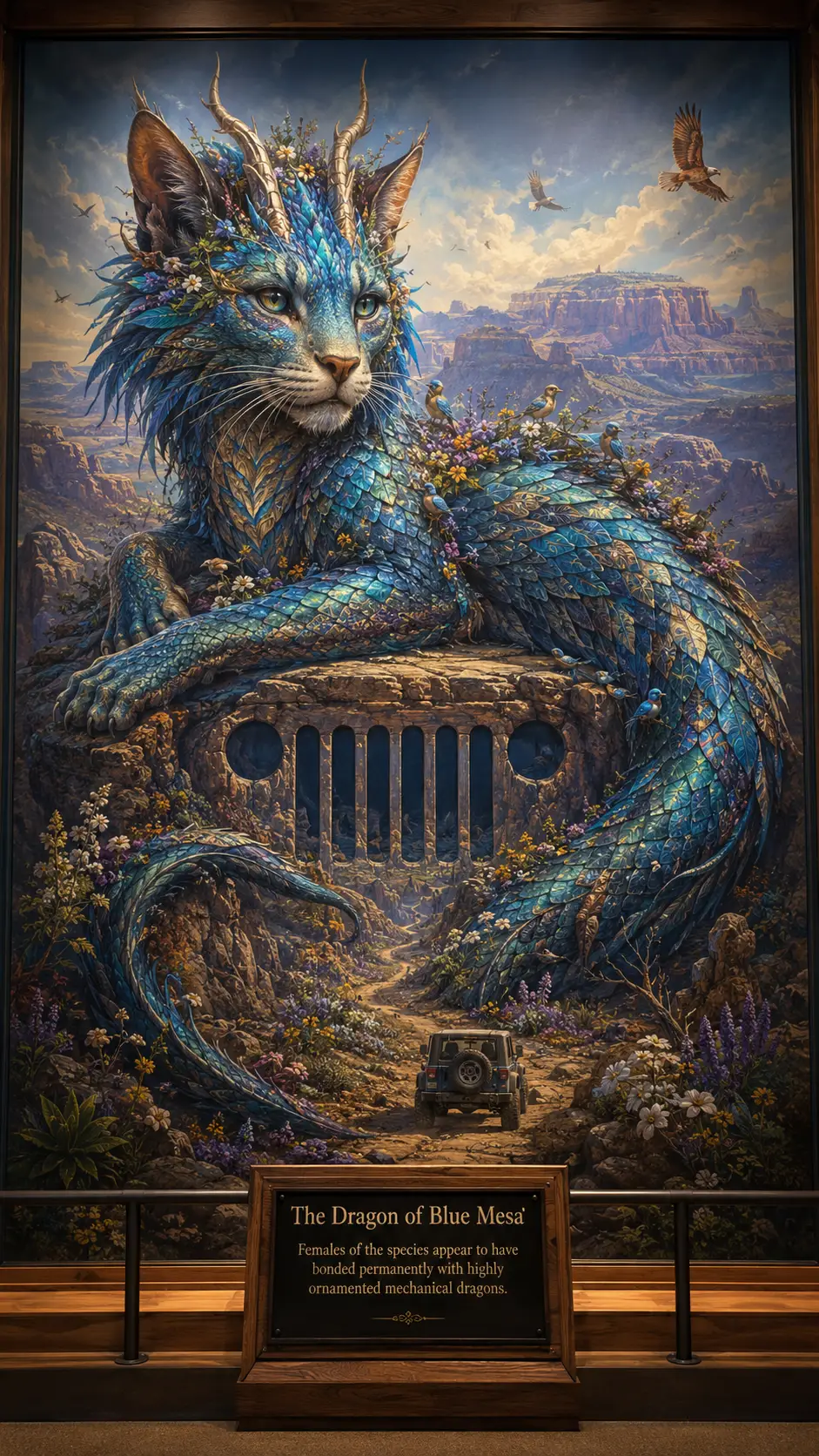 Whimsical guardian dragon mural over a forgotten mountain trail